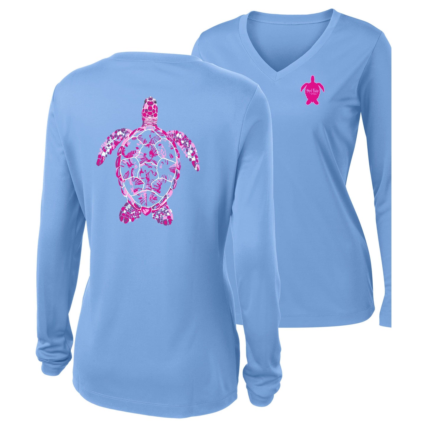 Women’s light blue long sleeve performance shirt, V-neck, colorful turtle design on back, and Reel Fishy turtle logo on front