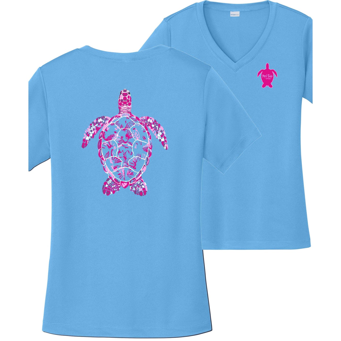 Women’s light blue short sleeve performance shirt, V-neck, colorful turtle design on back, and Reel Fishy turtle logo on front