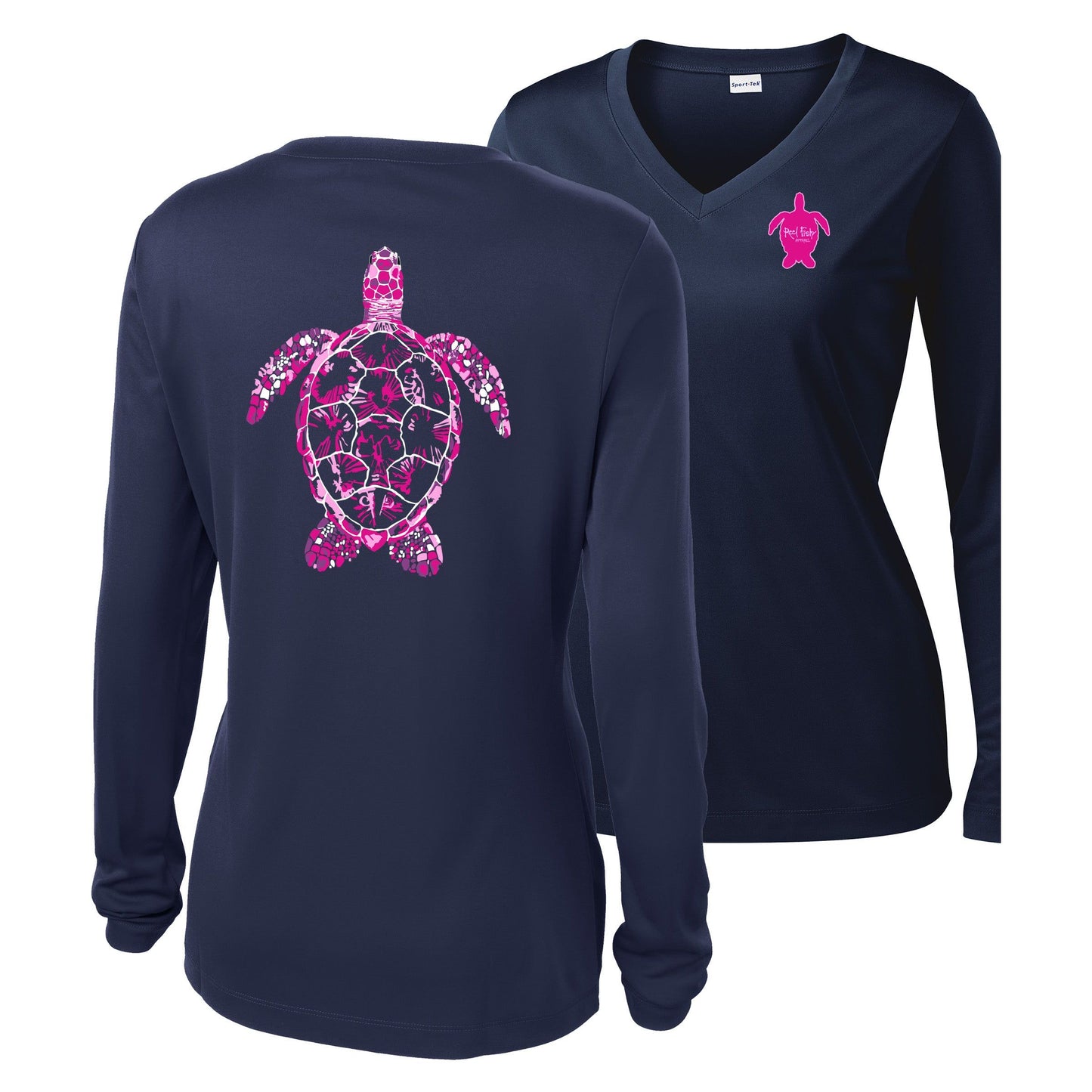 Women’s navy long sleeve performance shirt, V-neck,colorful turtle design on back, and Reel Fishy turtle logo on front