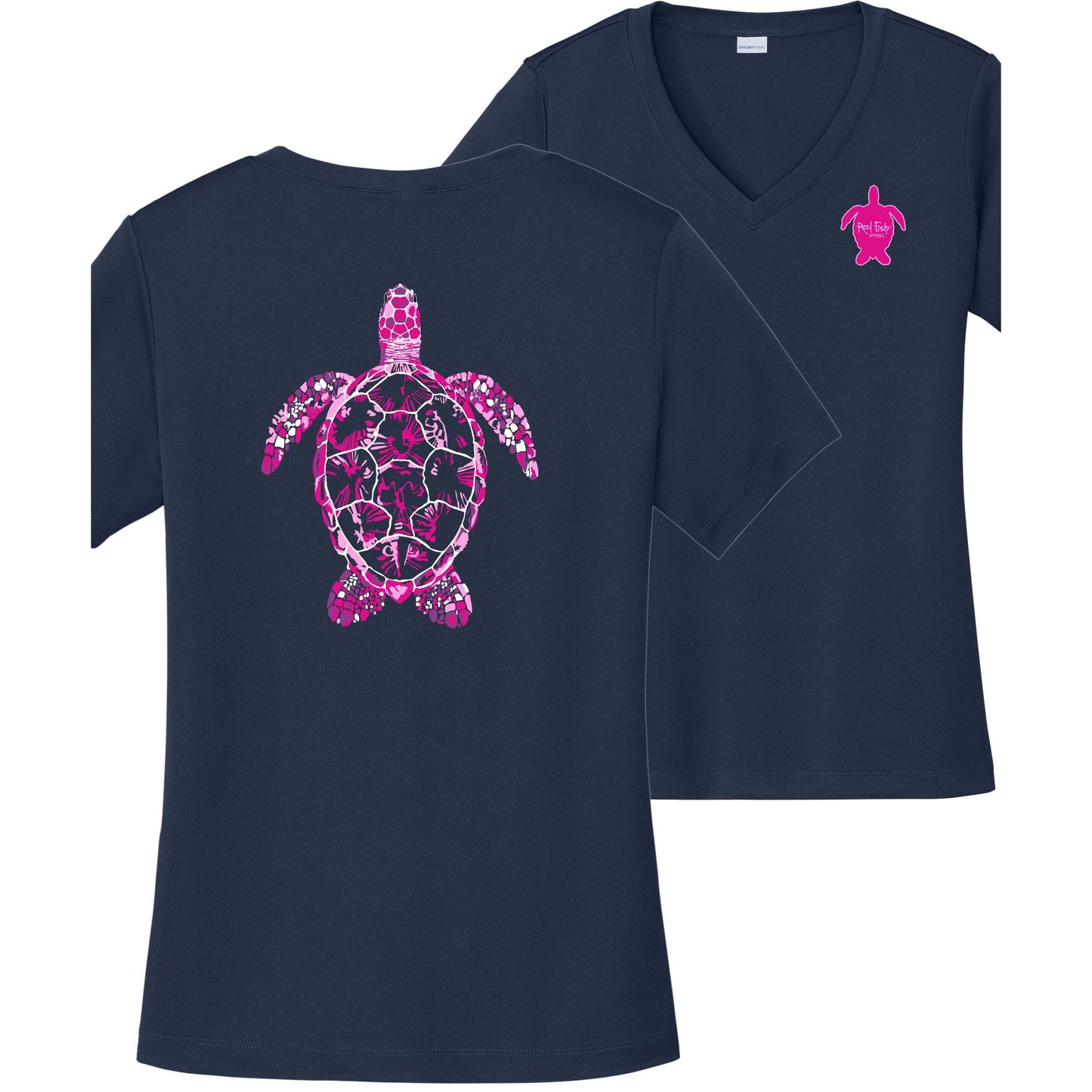 Women’s navy short sleeve performance shirt, V-neck, colorful turtle design on back, and Reel Fishy turtle logo on front