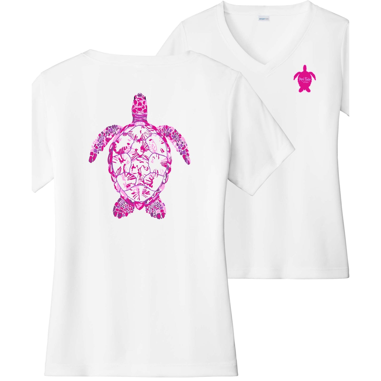 Women’s white short sleeve performance shirt, V-neck, colorful turtle design on back, and Reel Fishy turtle logo on front