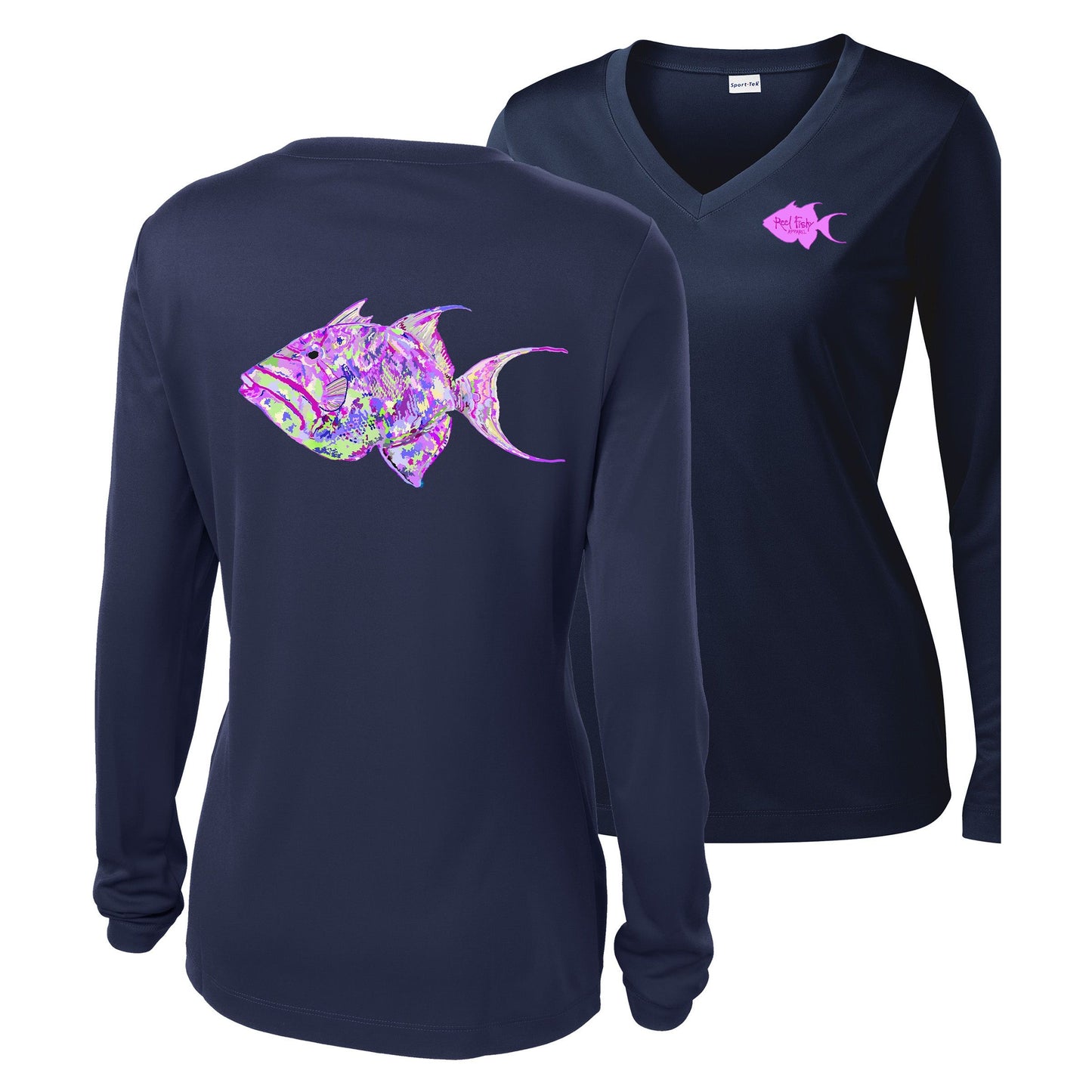 Women’s navy V-neck long sleeve performance shirt, colorful triggerfish design on back, Reel Fishy logo on front.