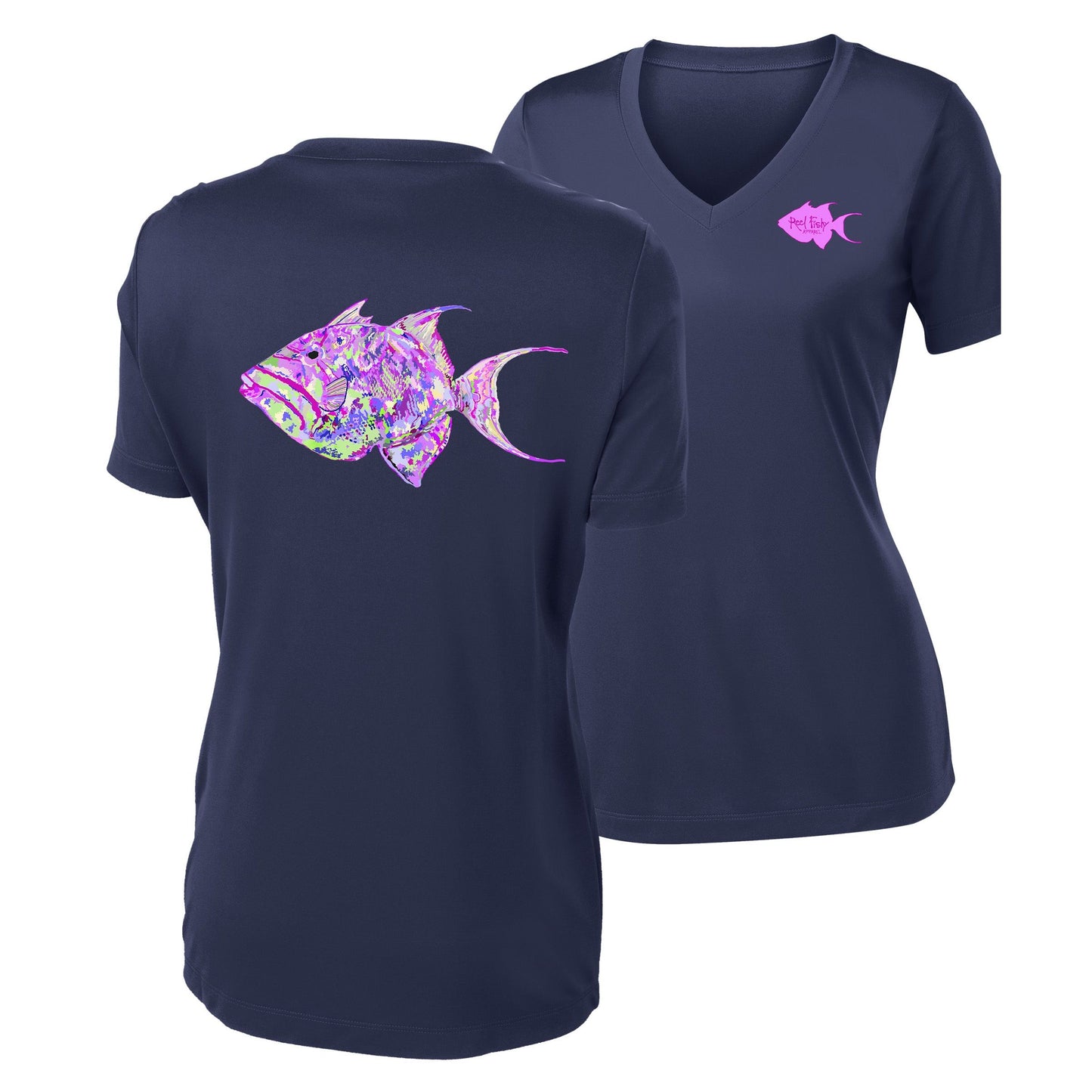 Women’s navy V-neck short sleeve performance shirt, colorful triggerfish design on back, Reel Fishy logo on front.