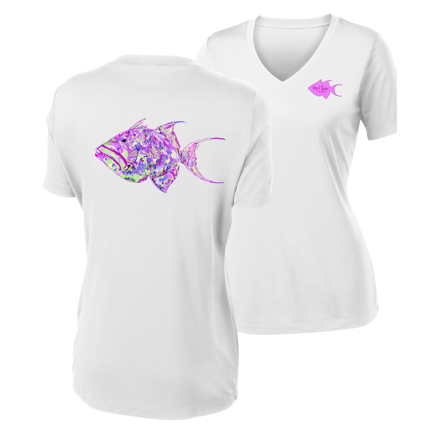 Women’s white V-neck short sleeve performance shirt, colorful triggerfish design on back, Reel Fishy logo on front.