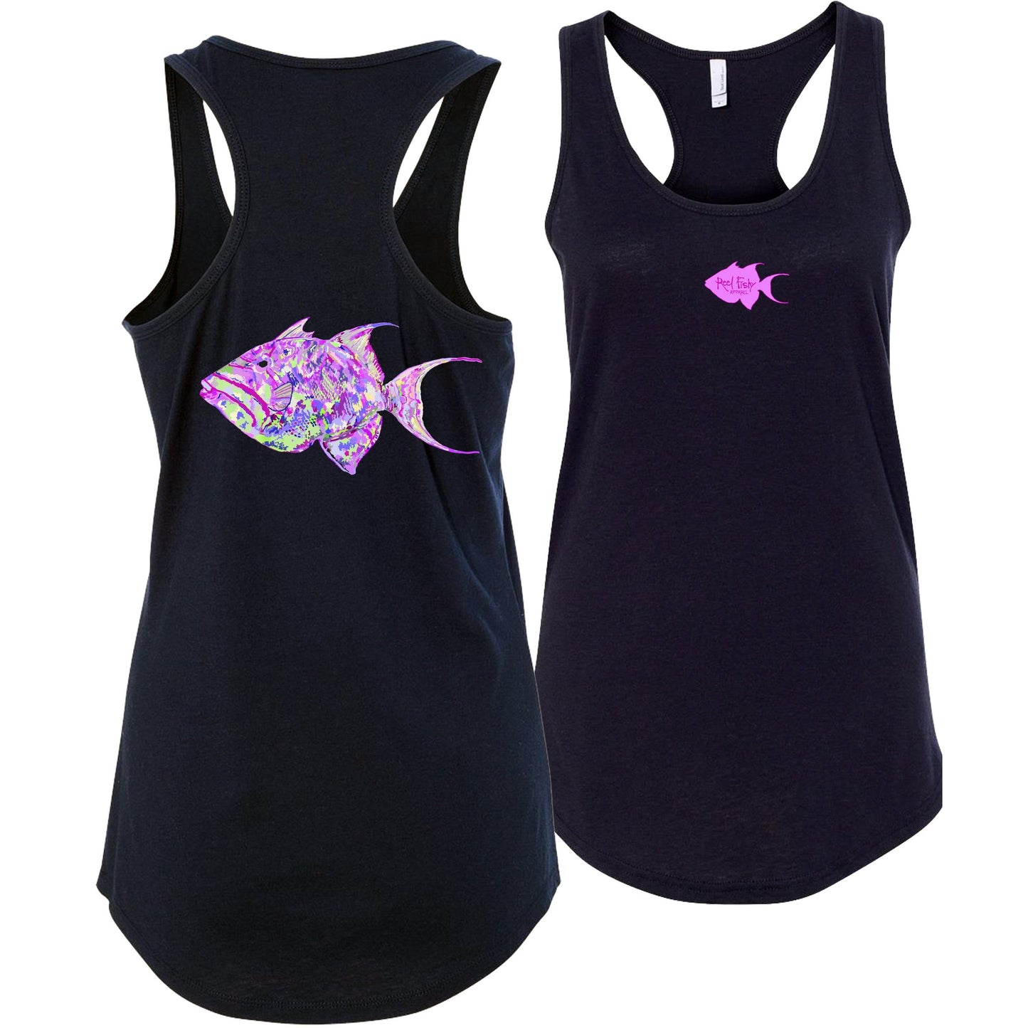 Women's navy blue racerback tank top with colorful triggerfish design, Reel Fishy triggerfish logo on front, lightweight cotton blend fabric