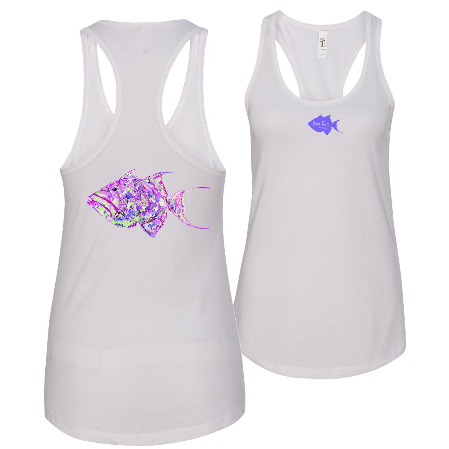 Women's white racerback tank top with colorful triggerfish design, Reel Fishy triggerfish logo on front, lightweight cotton blend fabric