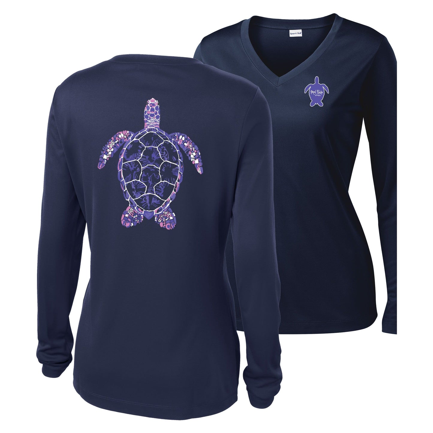 Women’s navy long sleeve performance shirt, V-neck, colorful turtle design on back, and Reel Fishy turtle logo on front