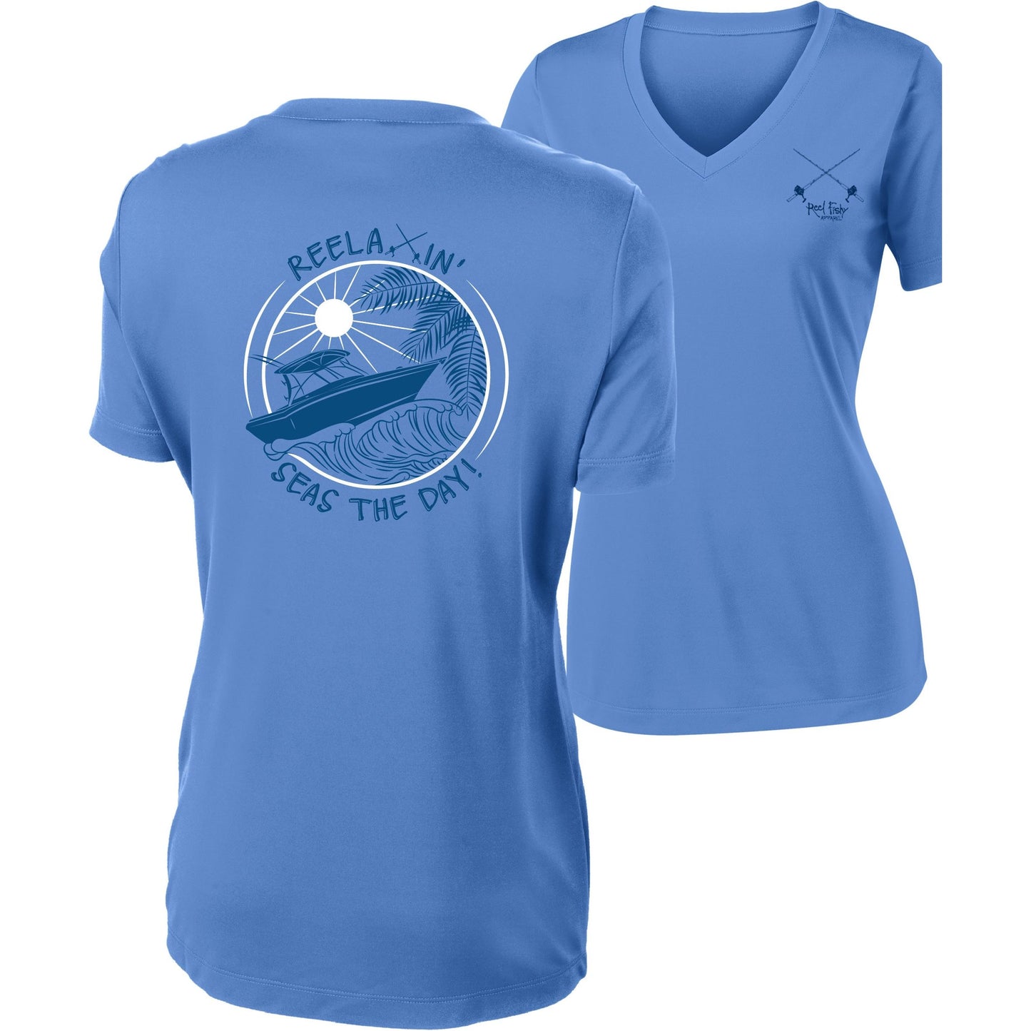 Ladies light blue short sleeve V-neck performance dry-fit shirt with Reelaxin’ – Seas the Day logo on the back and Reel Fishy Salt Rods logo on the front.