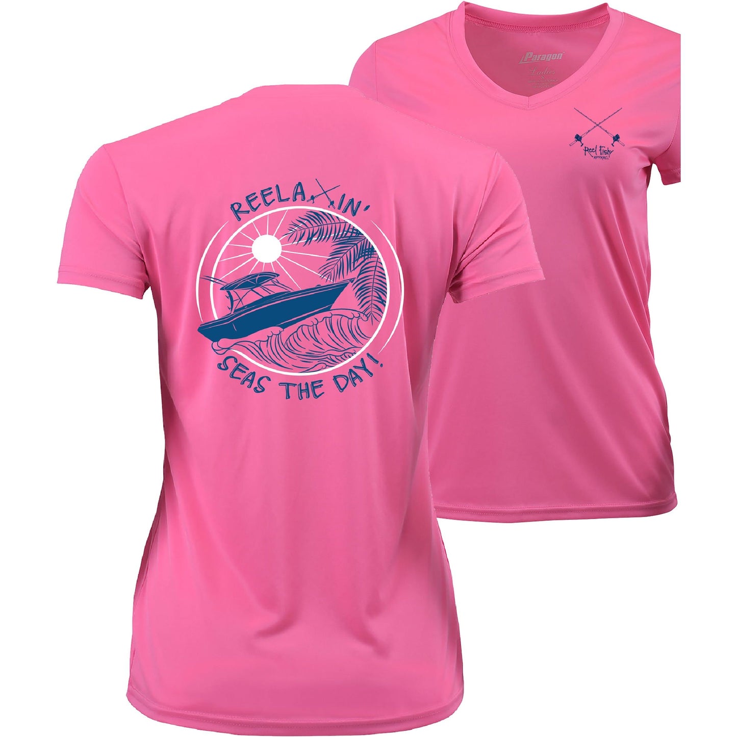 Ladies pink short sleeve V-neck performance dry-fit shirt with Reelaxin’ – Seas the Day logo on the back and Reel Fishy Salt Rods logo on the front.