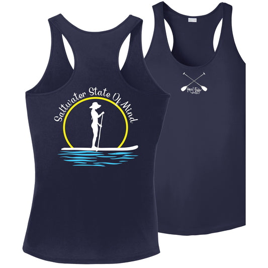 Women’s Navy Dri-Fit Racerback Tank with Paddleboarder “Saltwater State of Mind” Logo