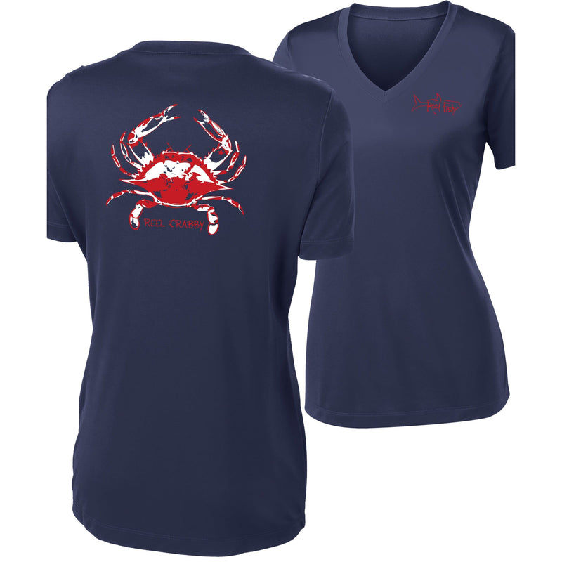 Blue Crab -Reel Crabby Ladies Performance Dry-fit V-neck Short Sleeve Shirt with 50+ UV Sun Protection in Navy