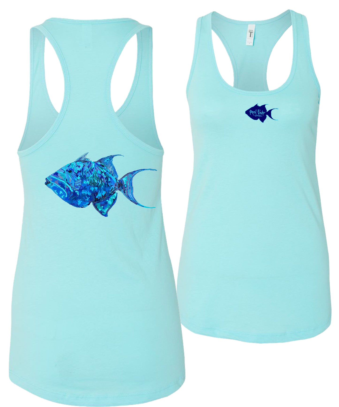 Women's aqua blue racerback tank top with colorful triggerfish design, Reel Fishy triggerfish logo on front, lightweight cotton blend fabric