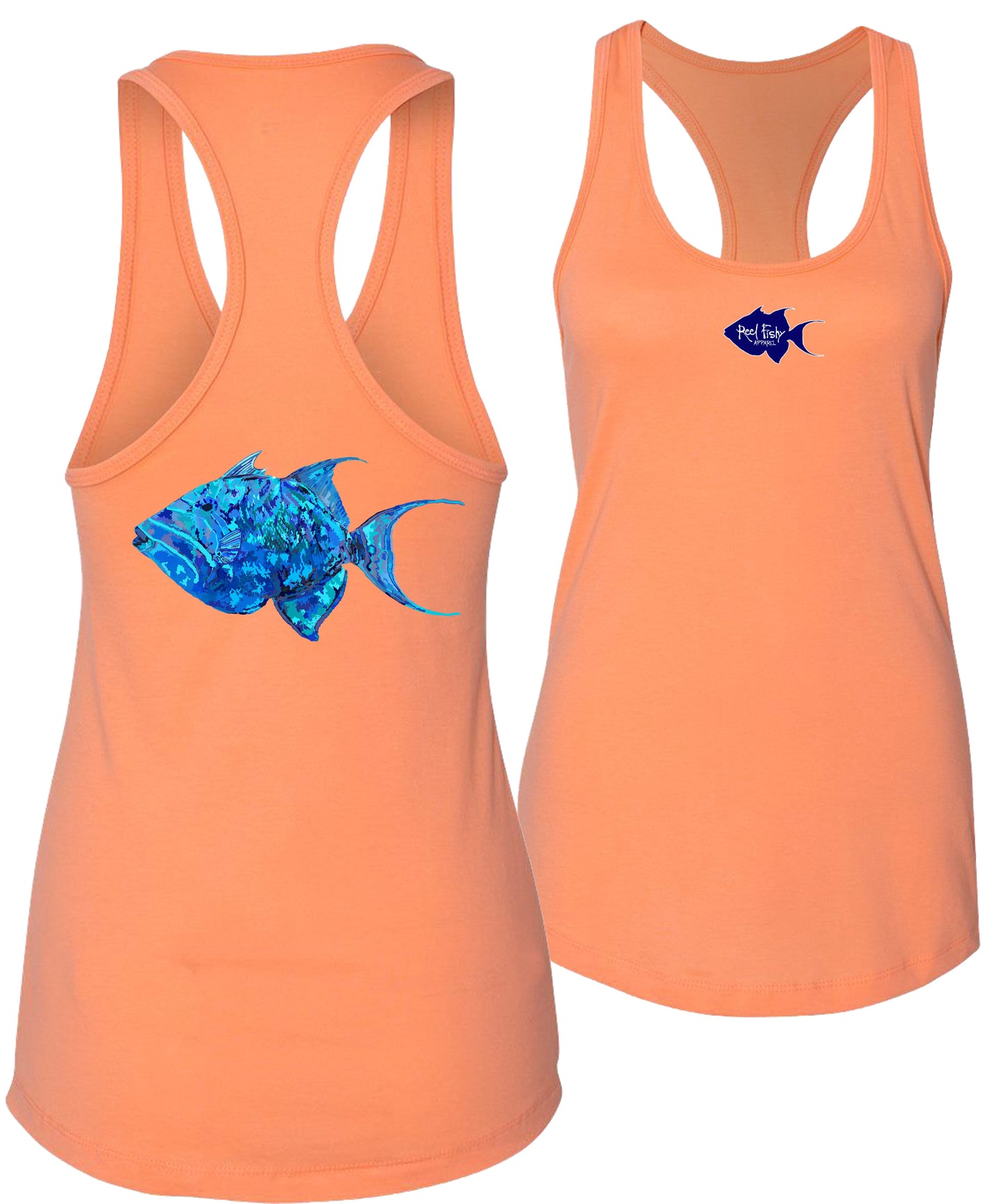Women's light orange racerback tank top with colorful triggerfish design, Reel Fishy triggerfish logo on front, lightweight cotton blend fabric