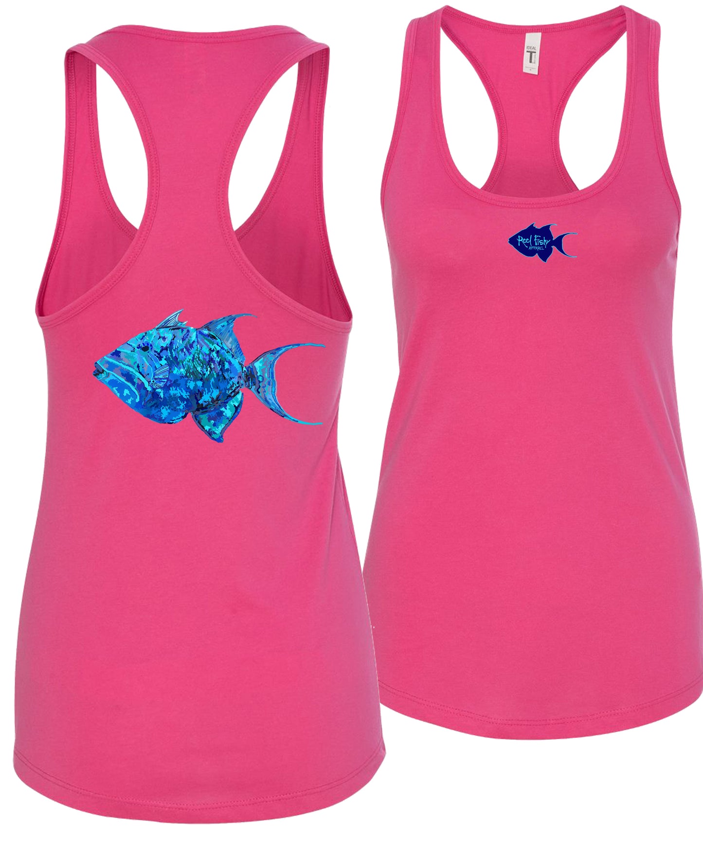 Women's pink racerback tank top with colorful triggerfish design, Reel Fishy triggerfish logo on front, lightweight cotton blend fabric