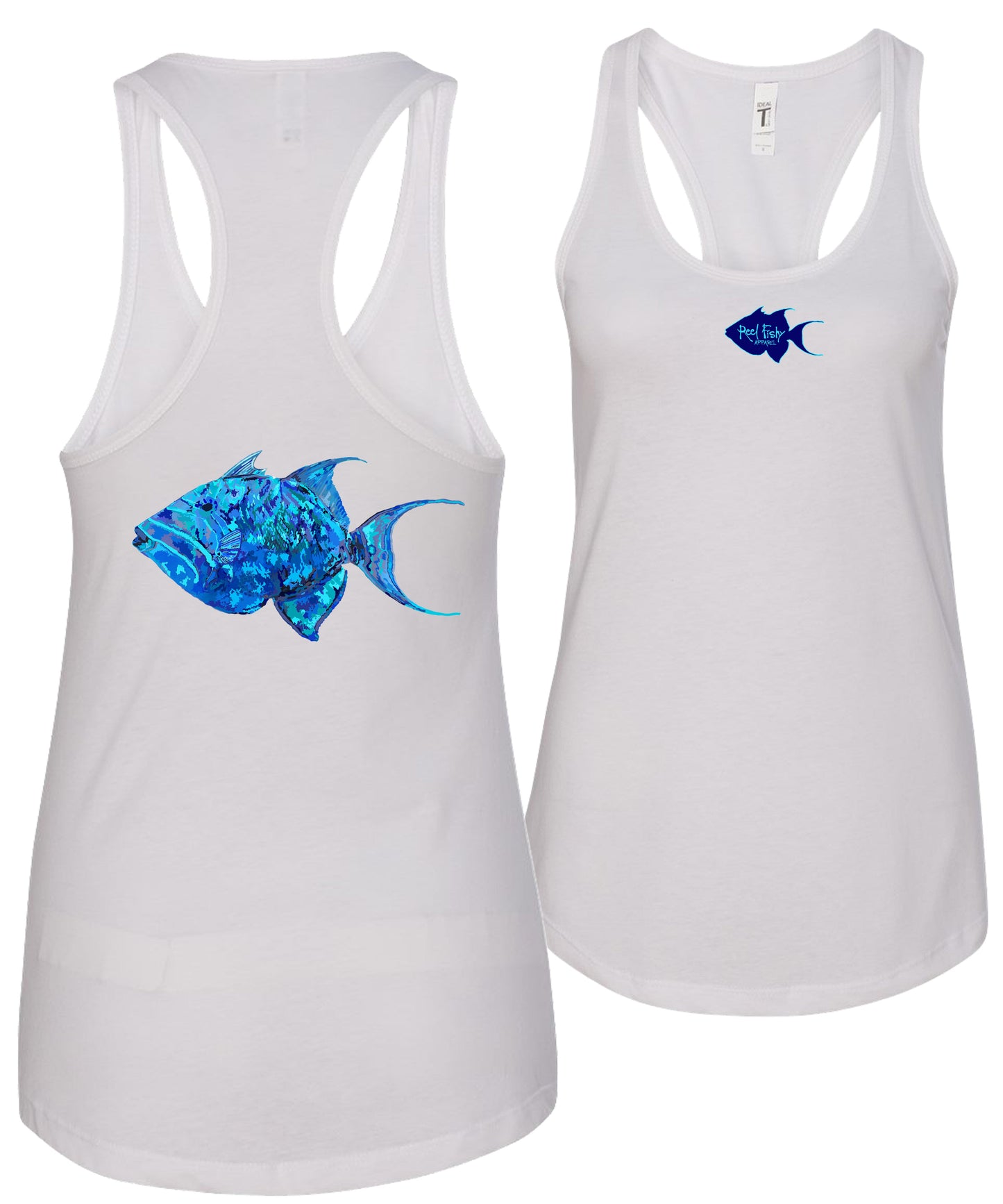 Women's white racerback tank top with colorful triggerfish design, Reel Fishy triggerfish logo on front, lightweight cotton blend fabric