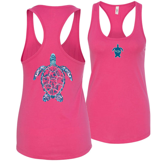 Women's pink racerback tank top with sea turtle design, Reel Fishy turtle logo on front, lightweight cotton blend fabric