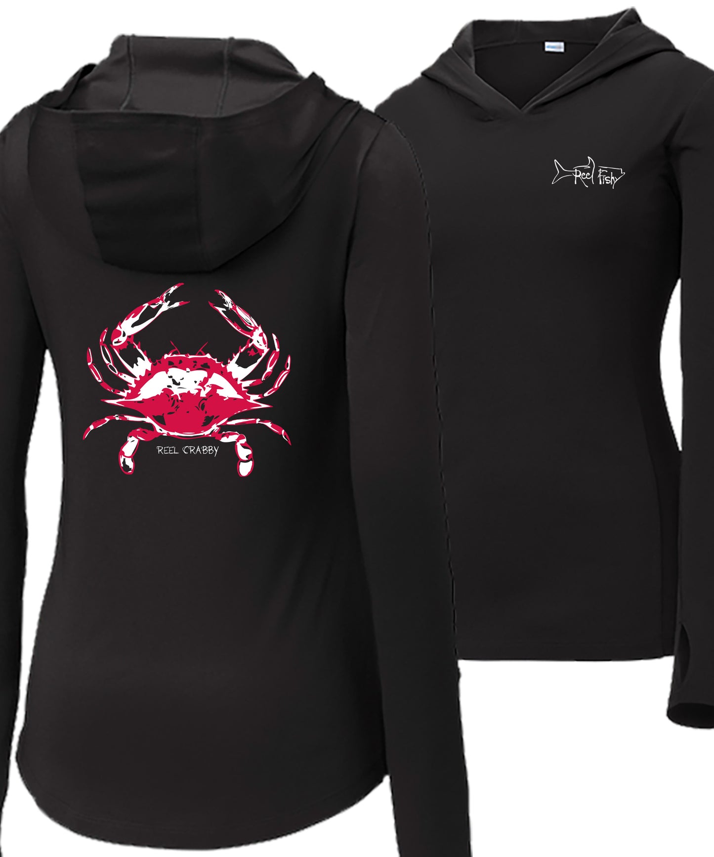 Women’s black long sleeve dry-fit performance fishing hoodie with 50+ UPF sun protection, thumb holes, Reel Crabby blue crab design, and Reel Fishy Tarpon logo on front.