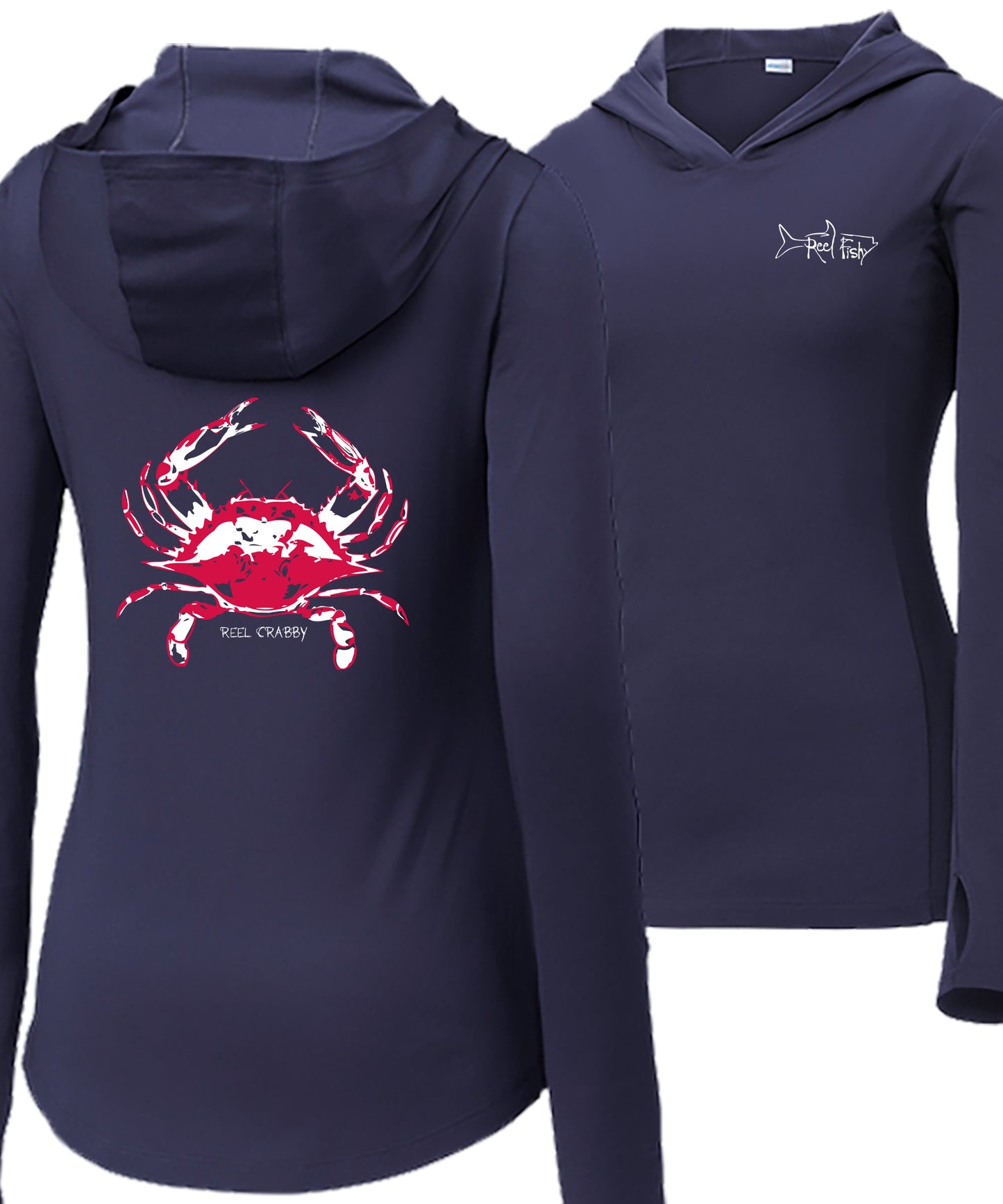 Women’s navy long sleeve dry-fit performance fishing hoodie with 50+ UPF sun protection, thumb holes, Reel Crabby blue crab design, and Reel Fishy Tarpon logo on front.