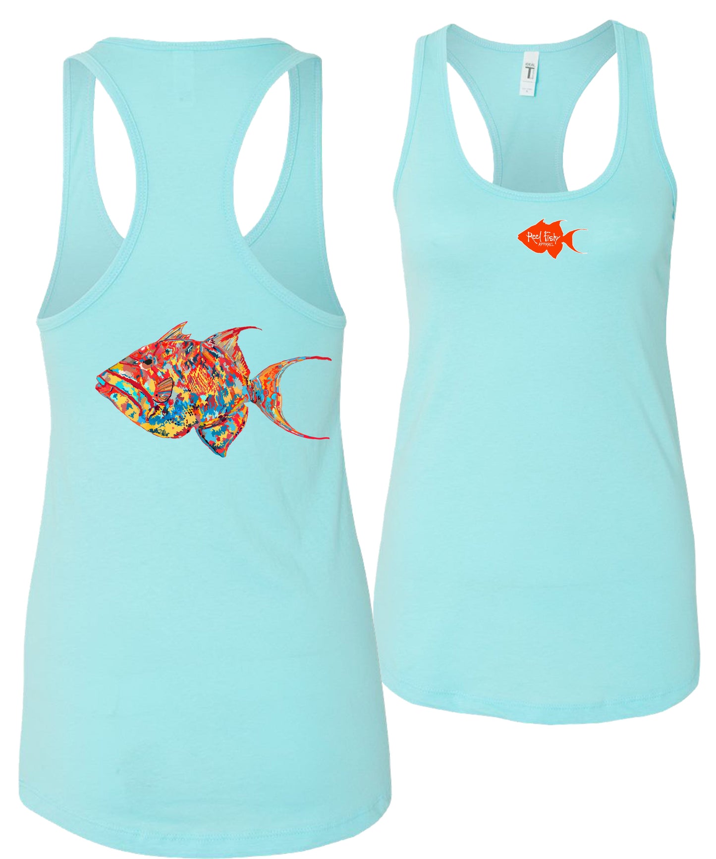 Women's aqua blue racerback tank top with colorful triggerfish design, Reel Fishy triggerfish logo on front, lightweight cotton blend fabric