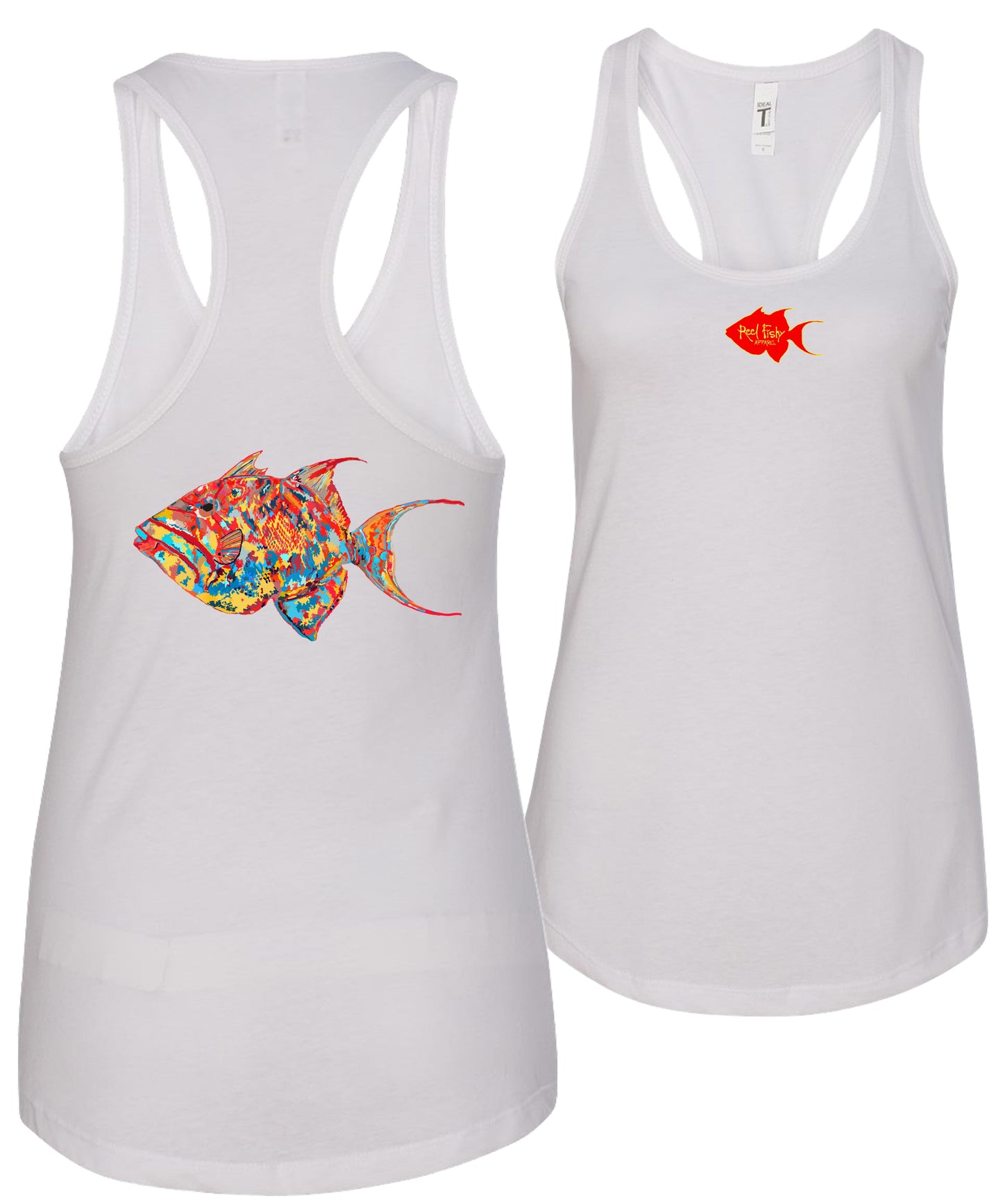 Women's white racerback tank top with colorful triggerfish design, Reel Fishy triggerfish logo on front, lightweight cotton blend fabric