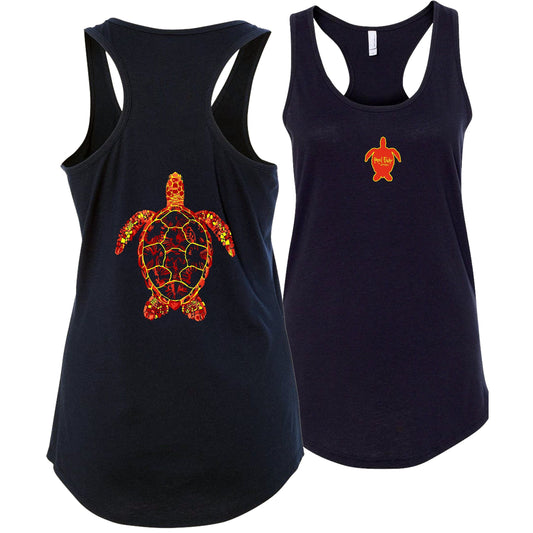 Women's navy racerback tank top with sea turtle design, Reel Fishy turtle logo on front, lightweight cotton blend fabric