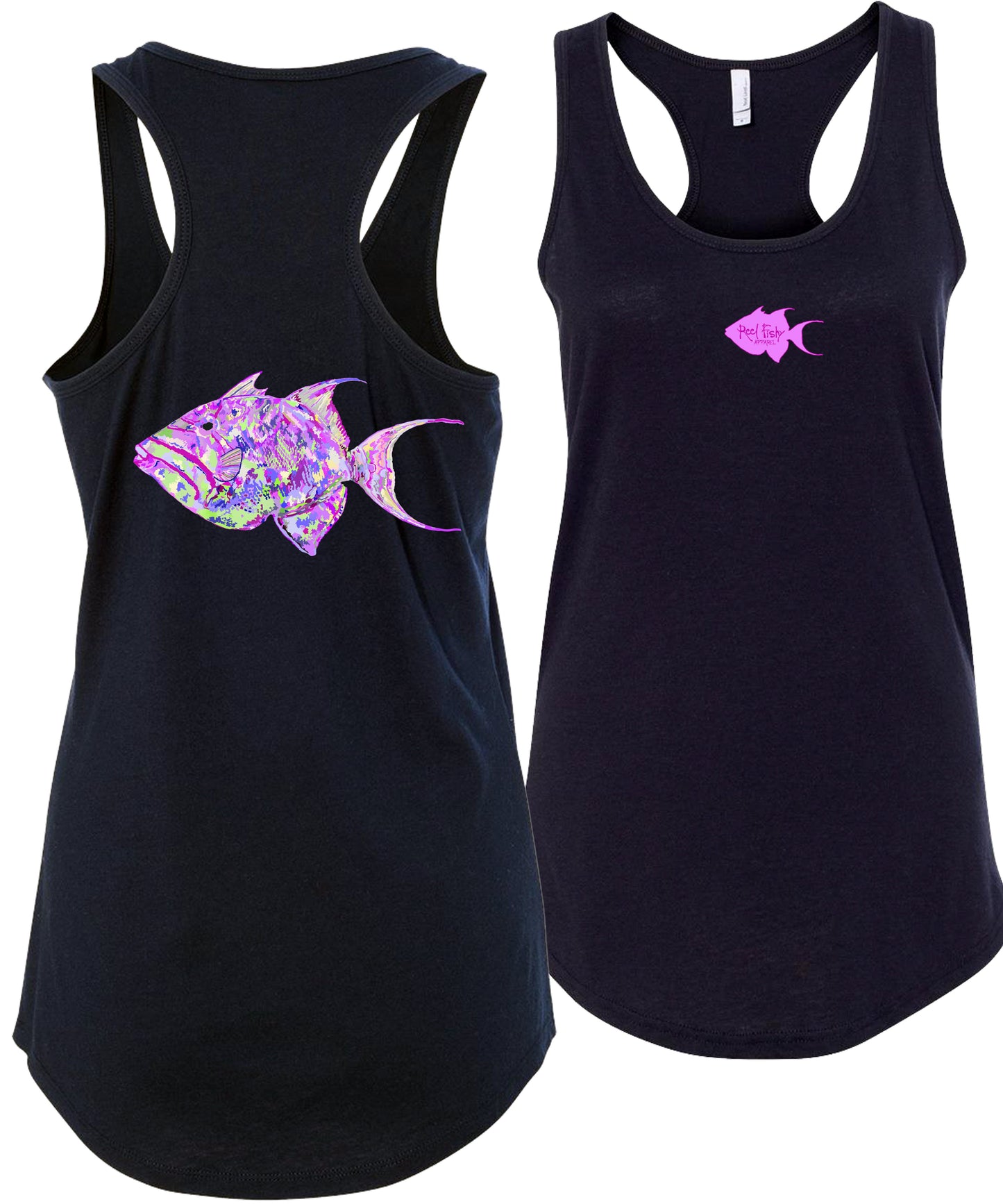 Women's navy blue racerback tank top with colorful triggerfish design, Reel Fishy triggerfish logo on front, lightweight cotton blend fabric