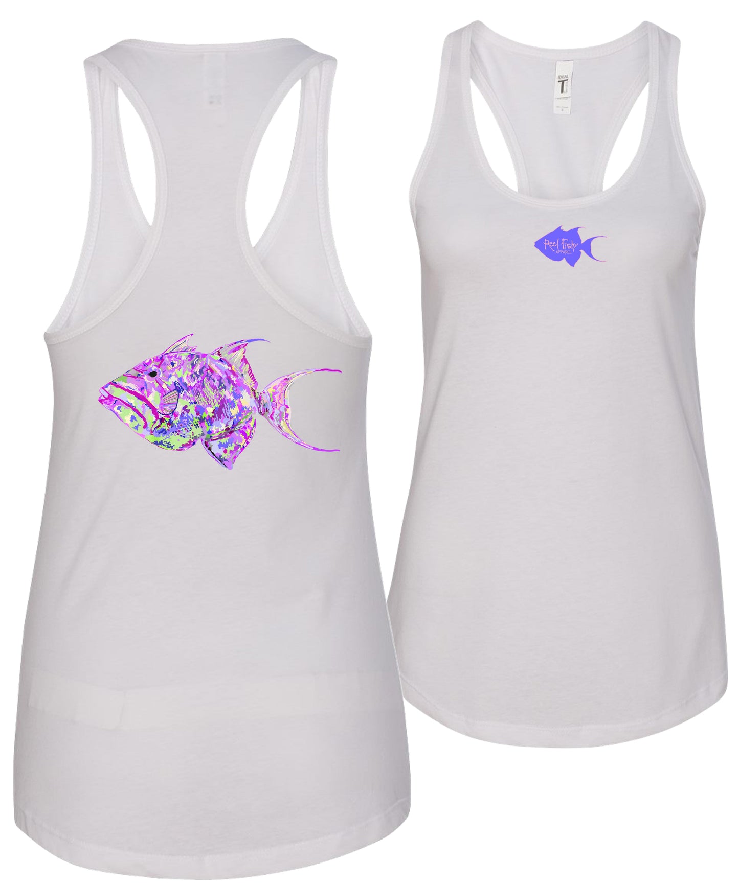 Women's white racerback tank top with colorful triggerfish design, Reel Fishy triggerfish logo on front, lightweight cotton blend fabric
