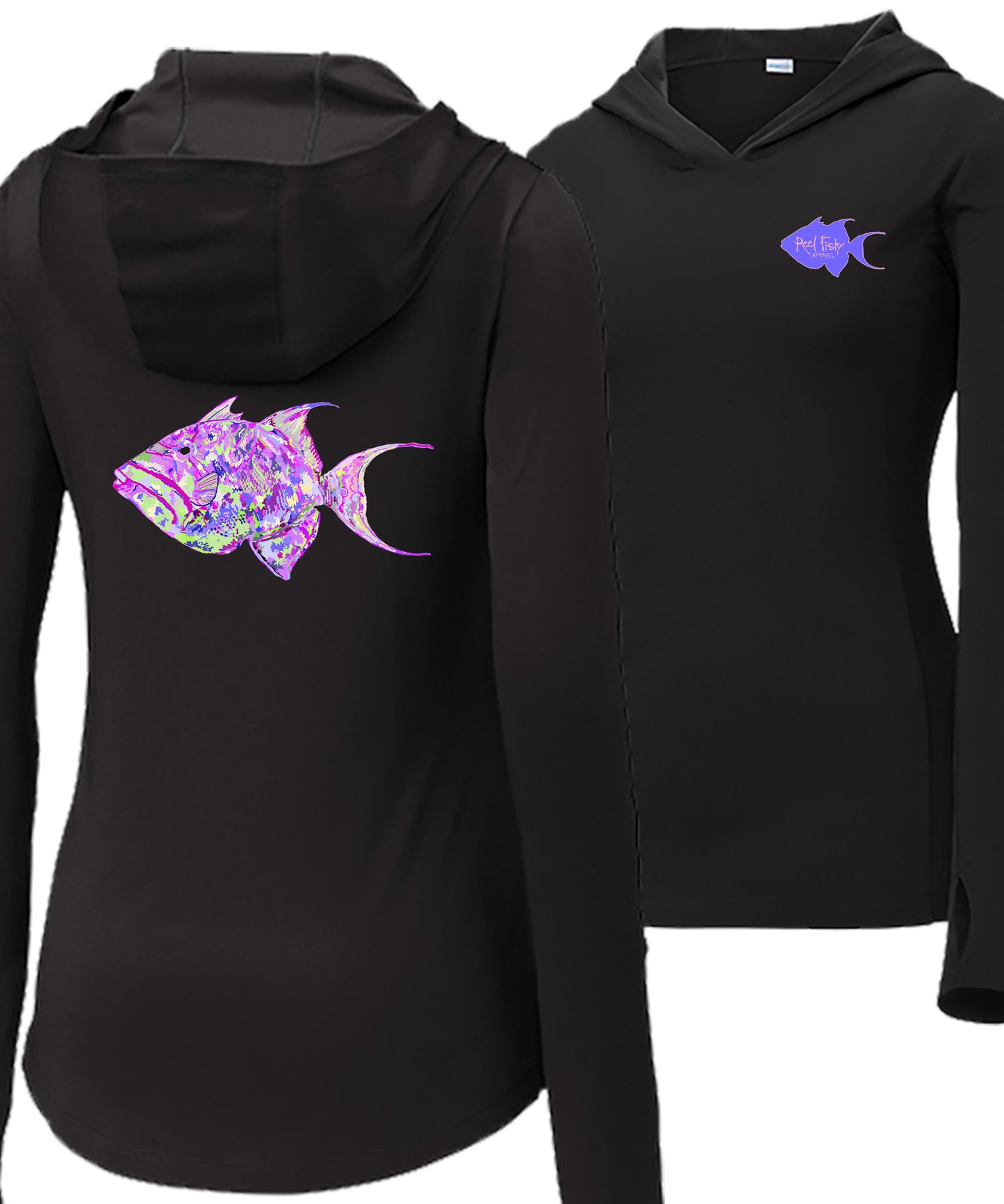 Women’s black long sleeve performance sun hoodie with 50+ UPF, thumb holes, colorful triggerfish design, and Reel Fishy logo.