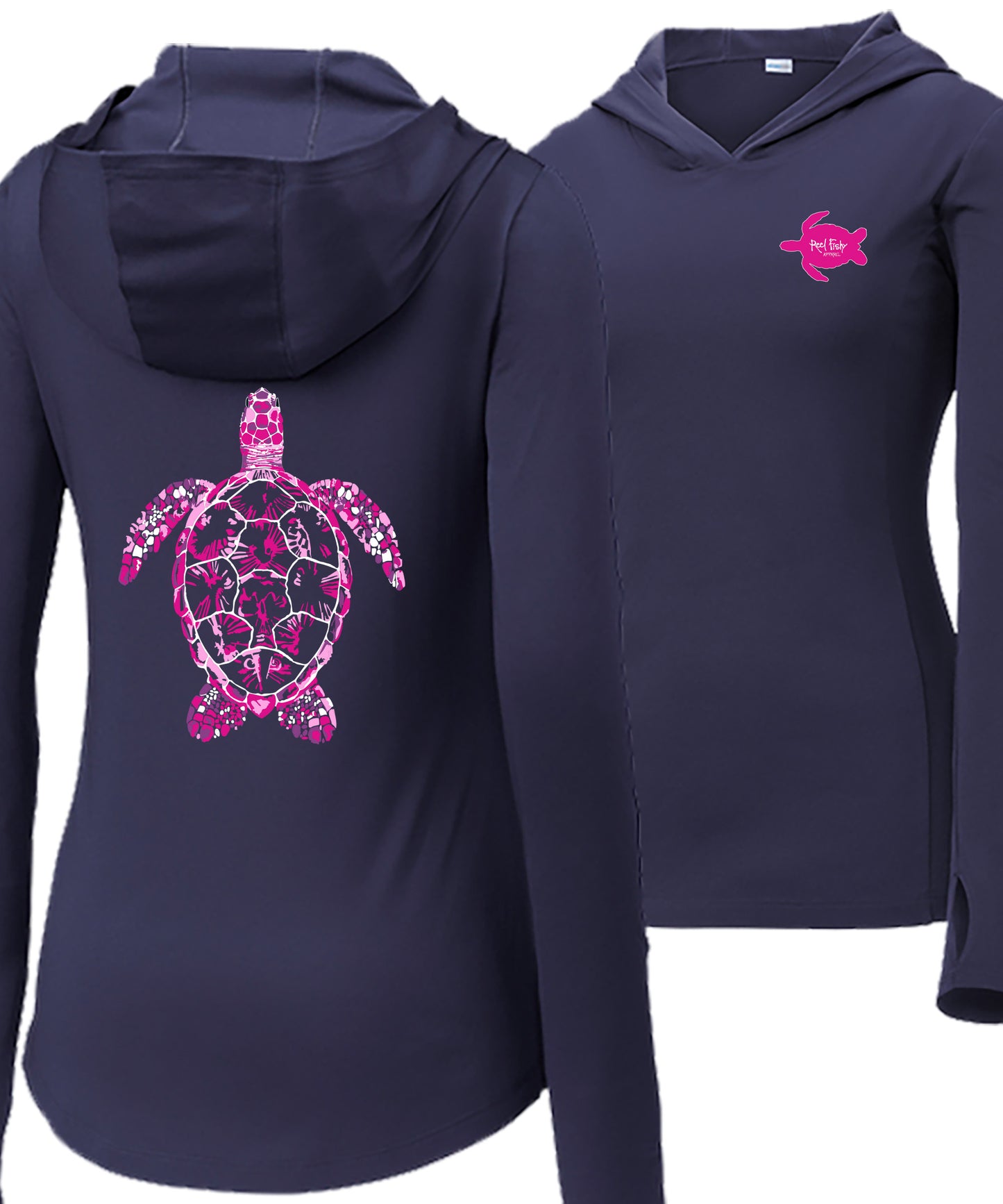 Women’s navy long sleeve performance sun hoodie with 50+ UPF, thumb holes, colorful Turtle graphic on back, and Reel Fishy Turtle logo on front.