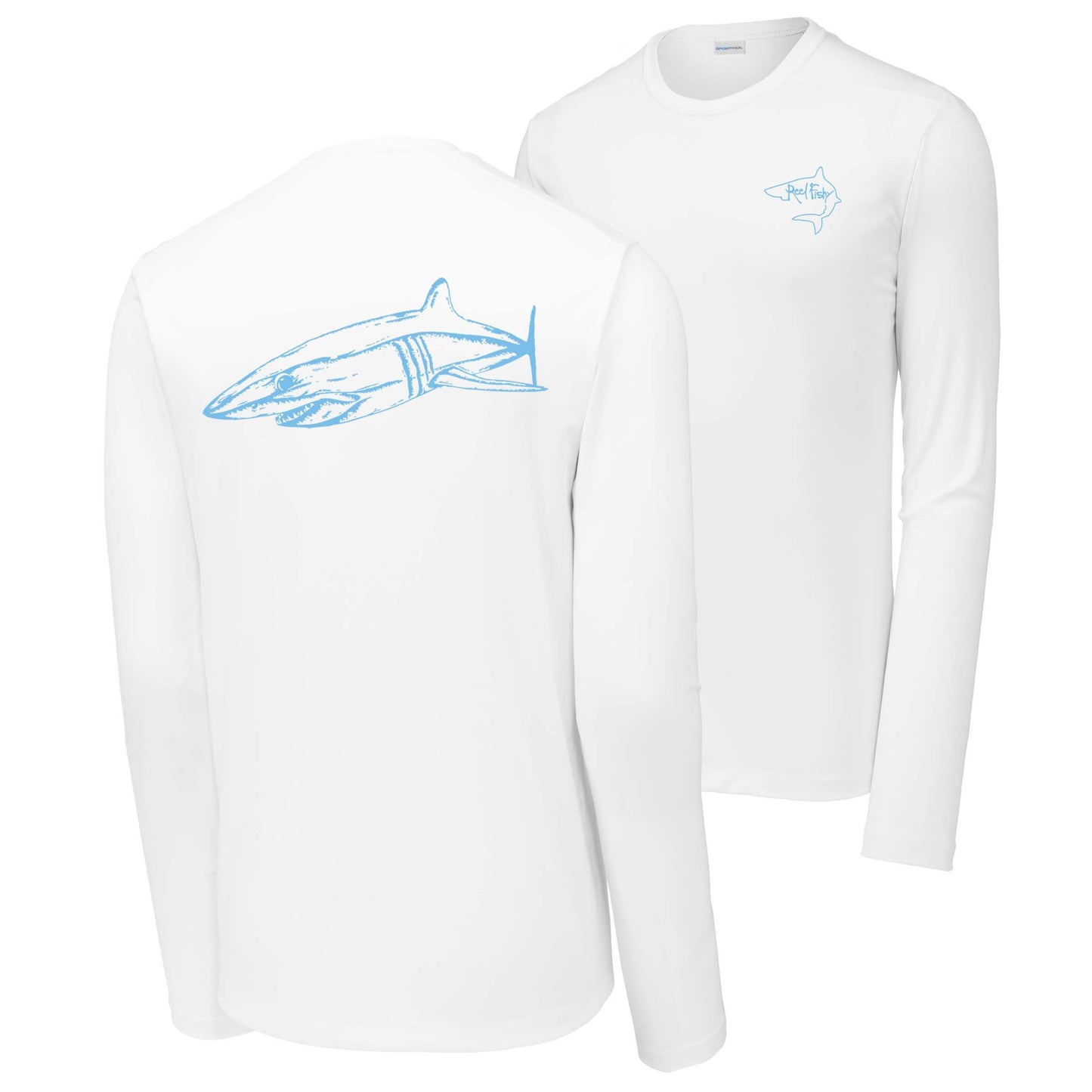 White long sleeve Mako shark performance dry-fit shirt - Reel Fishy Shark on Front