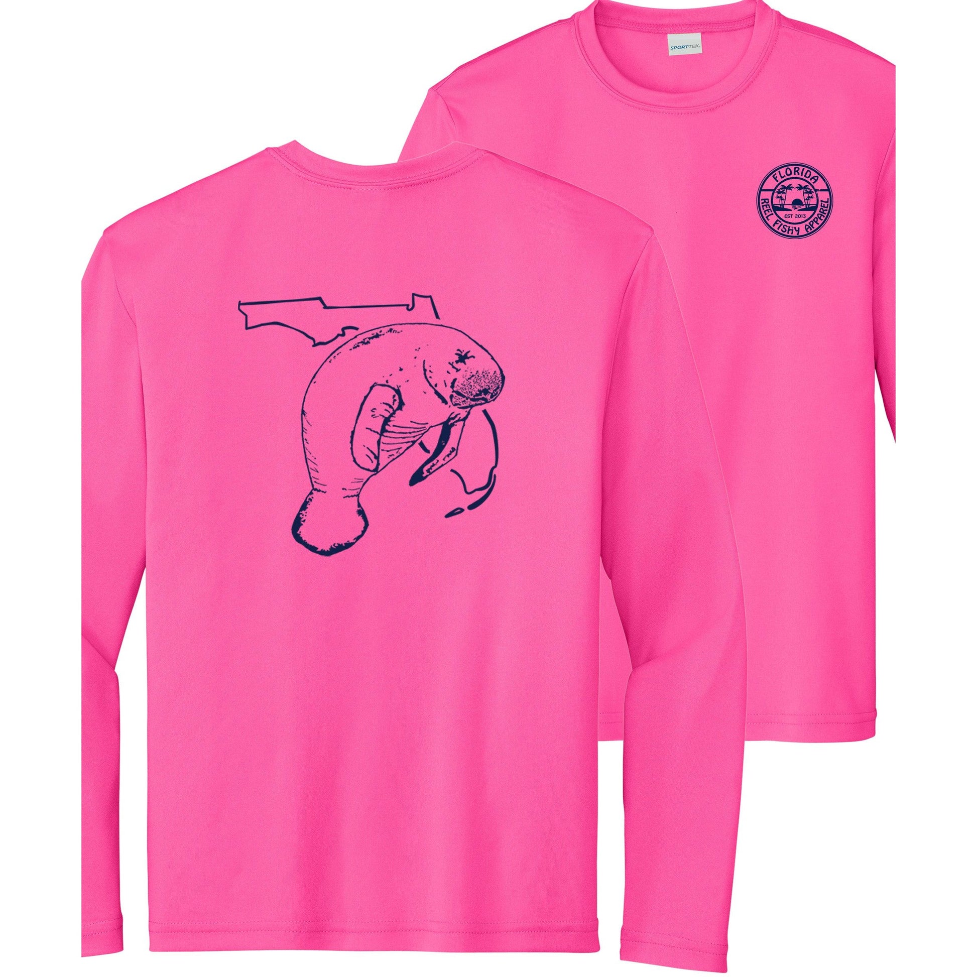 Kids' pink long sleeve performance shirt with Manatee design