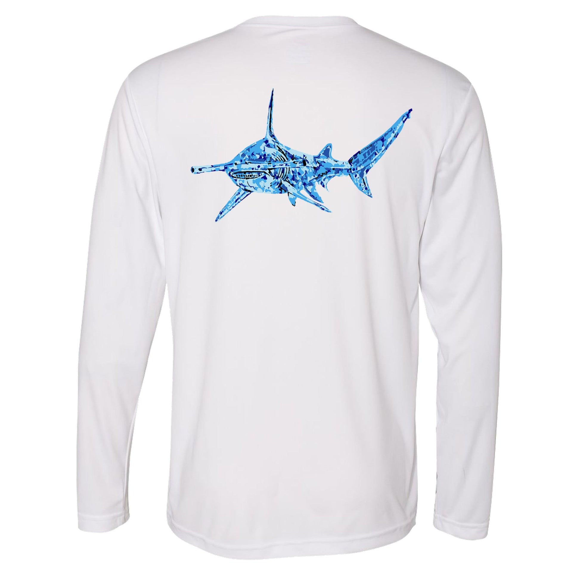 Unisex white long sleeve performance shirt with 50+ UPF, colorful hammerhead shark design on back, Reel Fishy shark logo on front.