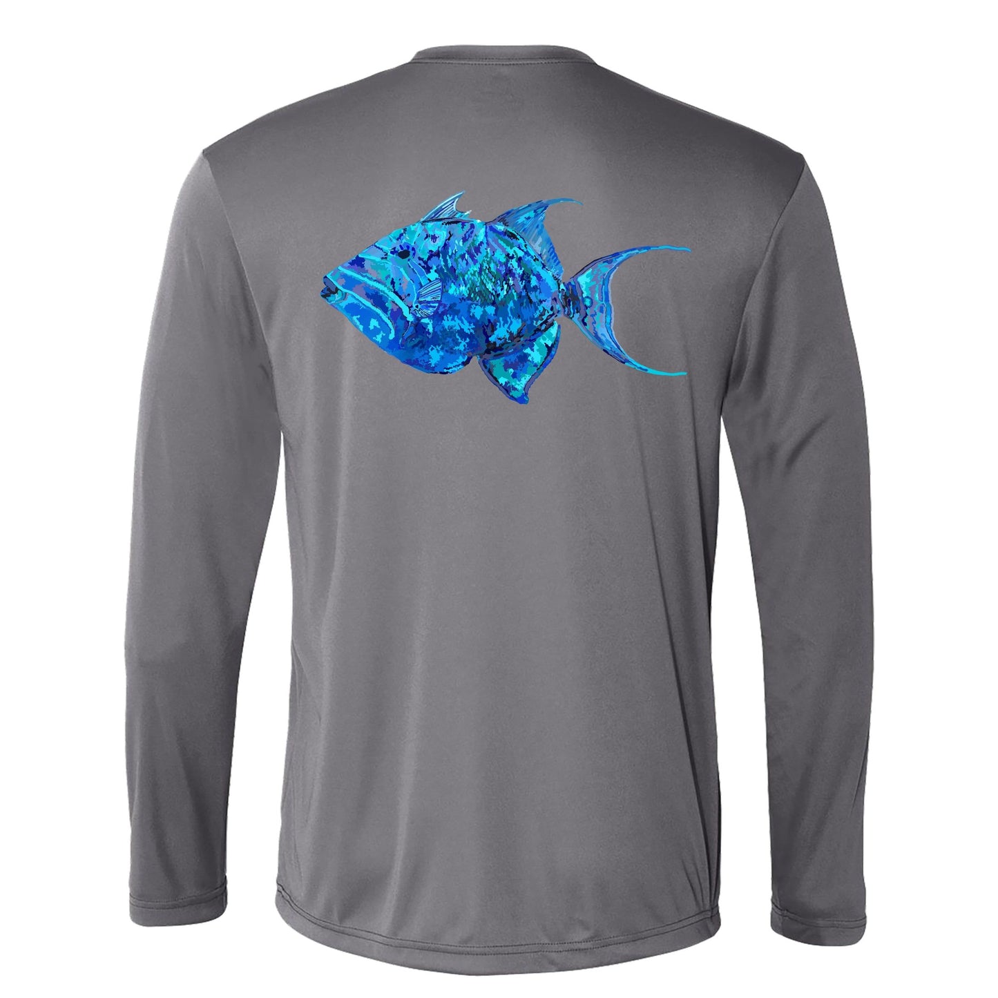 Unisex gray long sleeve performance shirt with 50+ UPF, colorful triggerfish design on back, Reel Fishy logo on front.