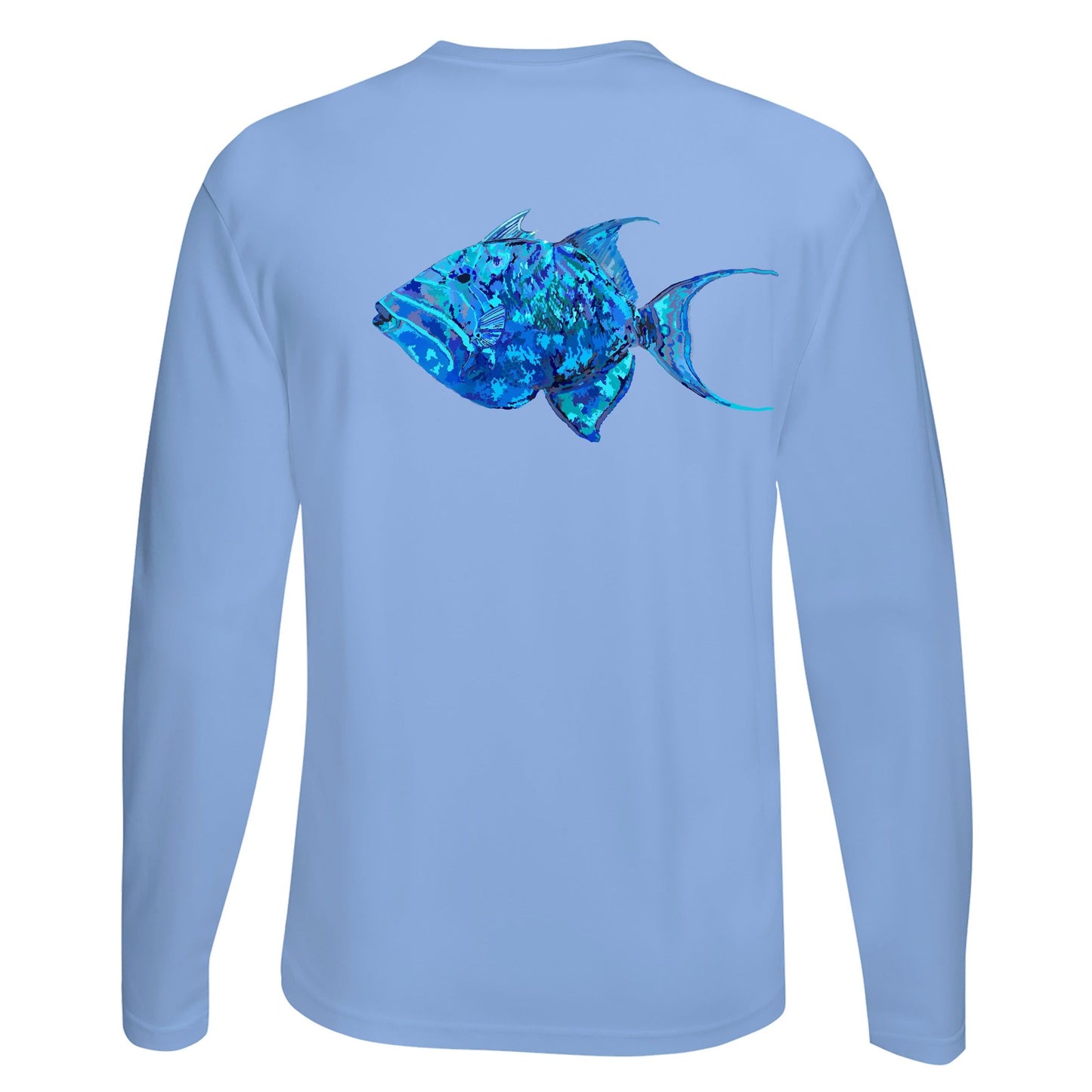 Unisex light blue long sleeve performance shirt with 50+ UPF, colorful triggerfish design on back, Reel Fishy logo on front.