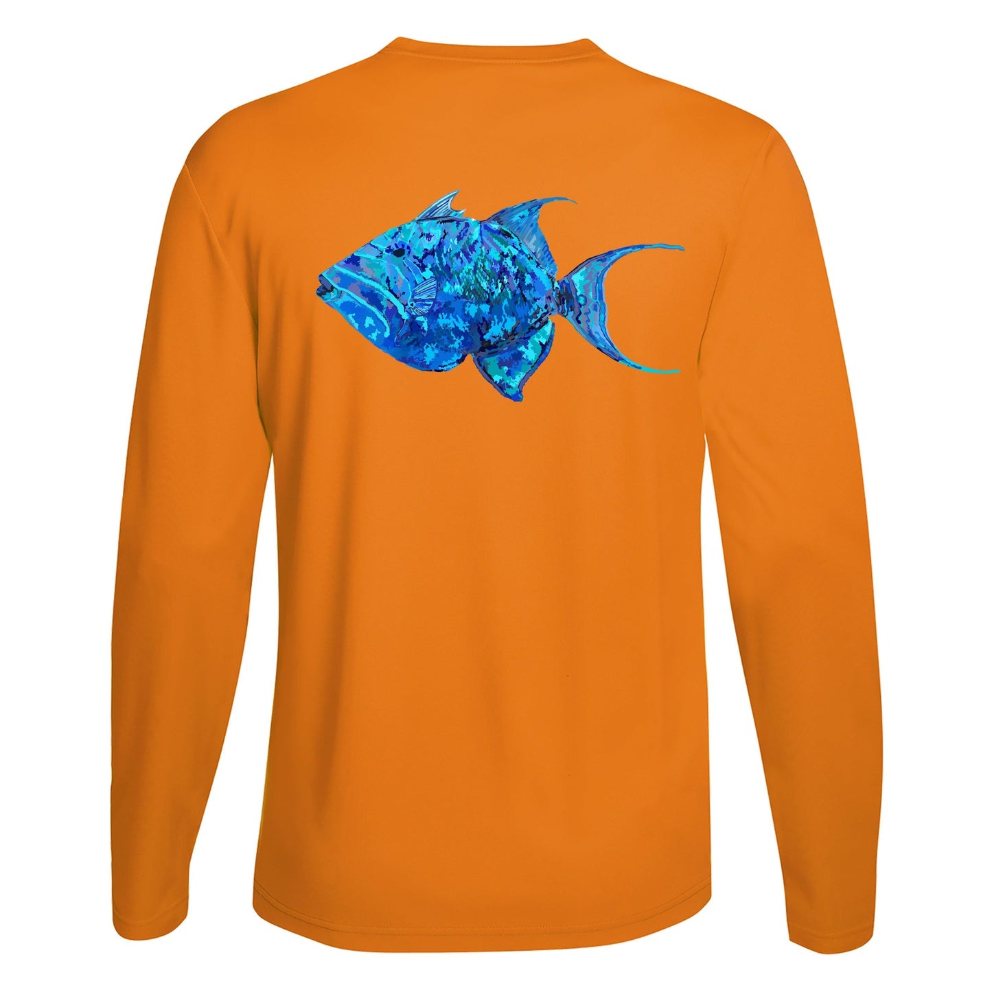 Unisex neon orange long sleeve performance shirt with 50+ UPF, colorful triggerfish design on back, Reel Fishy logo on front.