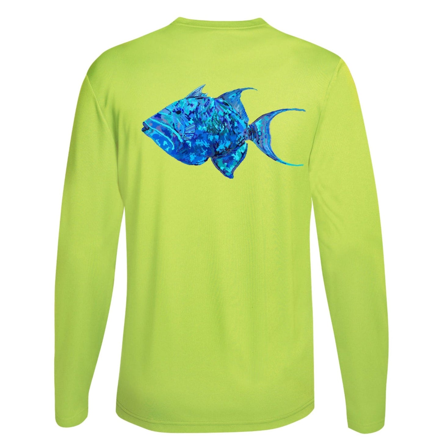 Unisex neon yellow long sleeve performance shirt with 50+ UPF, colorful triggerfish design on back, Reel Fishy logo on front.