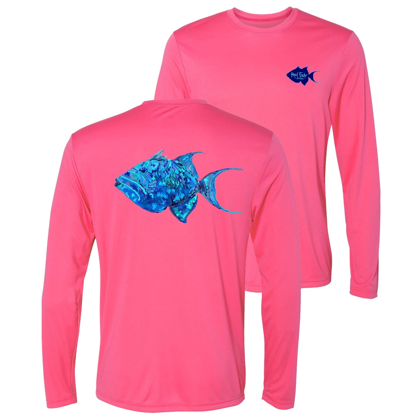 Unisex pink long sleeve performance shirt with 50+ UPF, colorful triggerfish design on back, Reel Fishy logo on front.