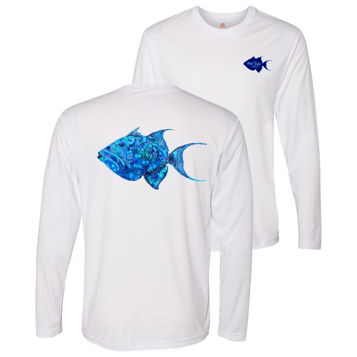 Unisex white long sleeve performance shirt with 50+ UPF, colorful triggerfish design on back, Reel Fishy logo on front.