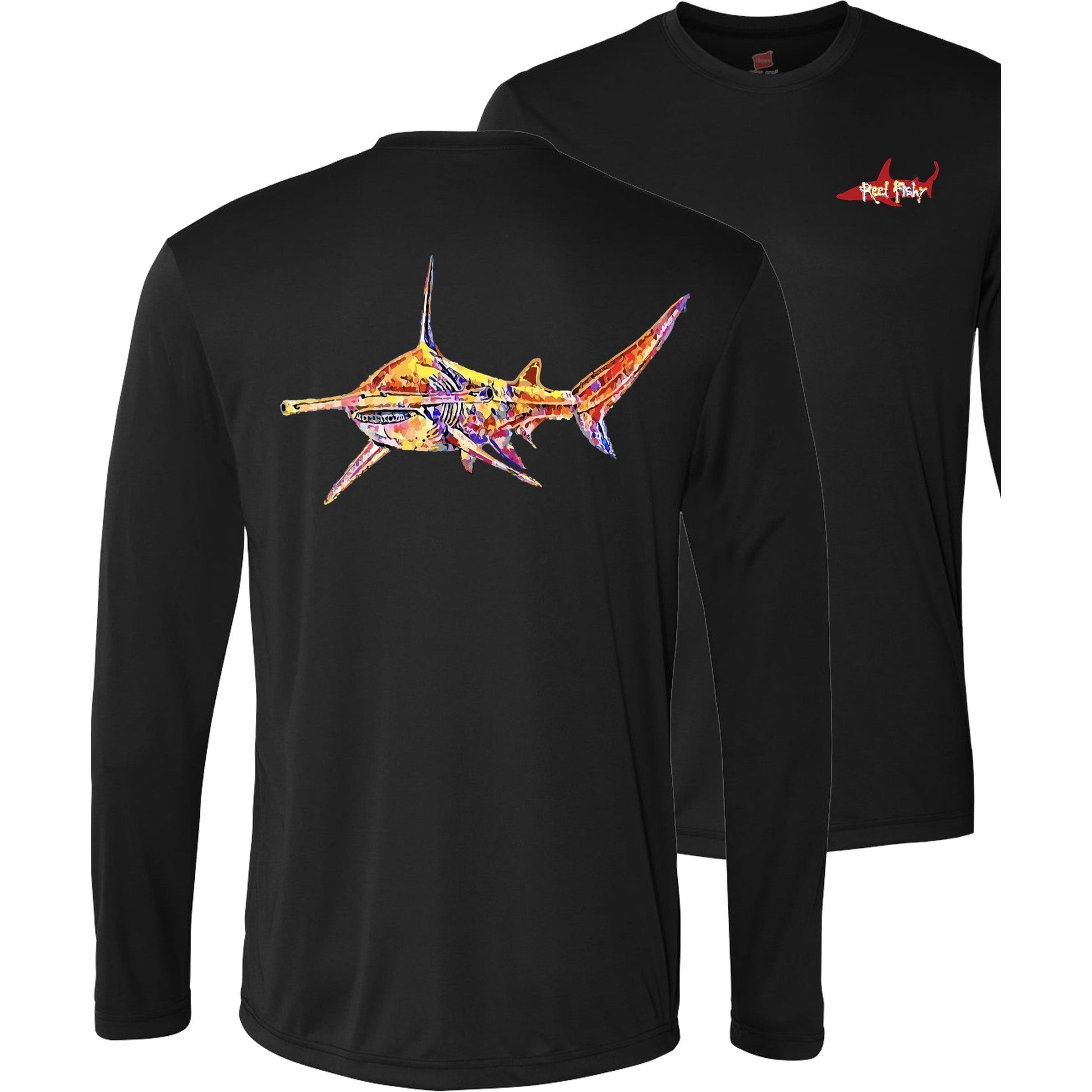 Unisex black long sleeve performance shirt with 50+ UPF, colorful hammerhead shark design on back, Reel Fishy shark logo on front.