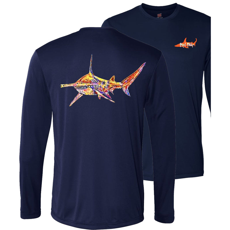 Unisex navy long sleeve performance shirt with 50+ UPF, colorful hammerhead shark design on back, Reel Fishy shark logo on front.