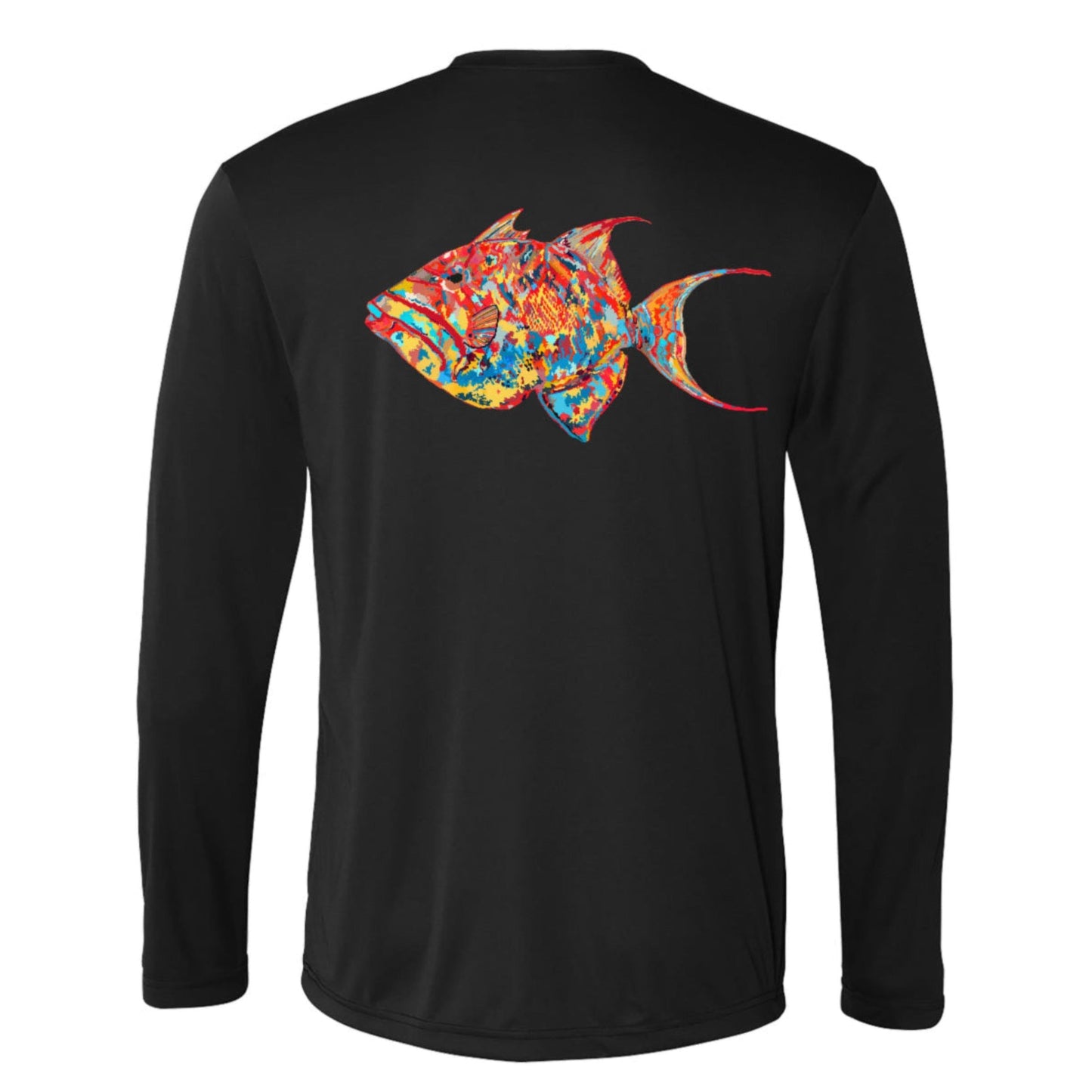 Unisex black long sleeve performance shirt with 50+ UPF, colorful triggerfish design on back, Reel Fishy logo on front.