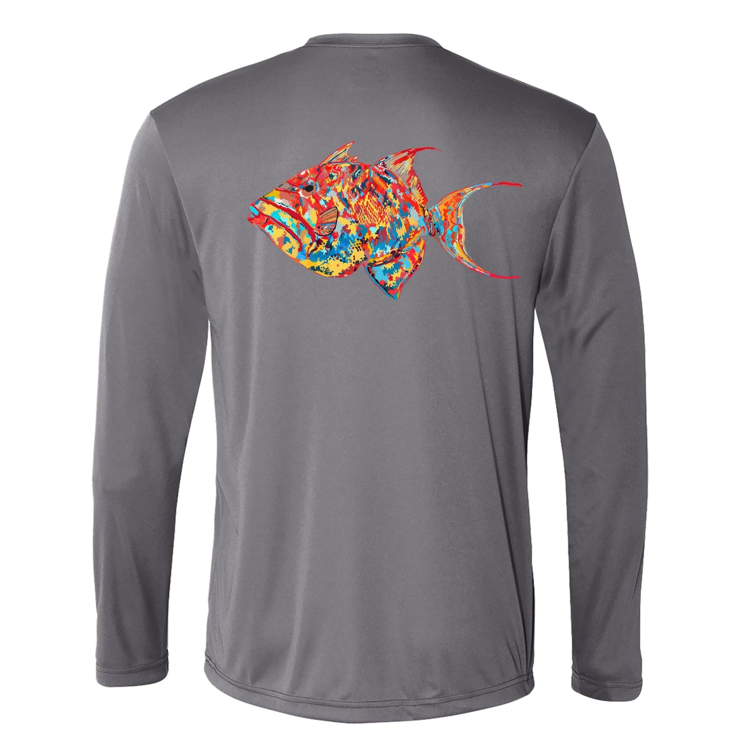 Unisex gray long sleeve performance shirt with 50+ UPF, colorful triggerfish design on back, Reel Fishy logo on front.