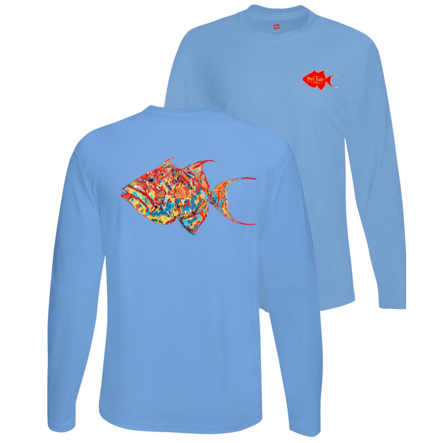 Unisex light blue long sleeve performance shirt with 50+ UPF, colorful triggerfish design on back, Reel Fishy logo on front.