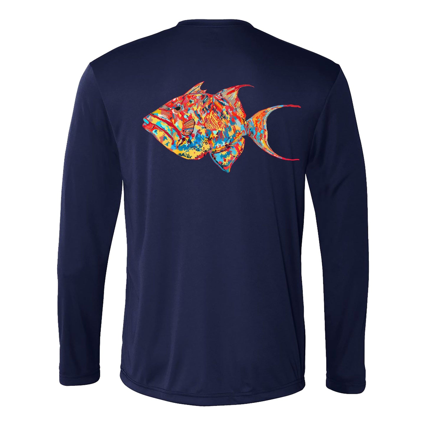 Unisex navy blue long sleeve performance shirt with 50+ UPF, colorful triggerfish design on back, Reel Fishy logo on front.
