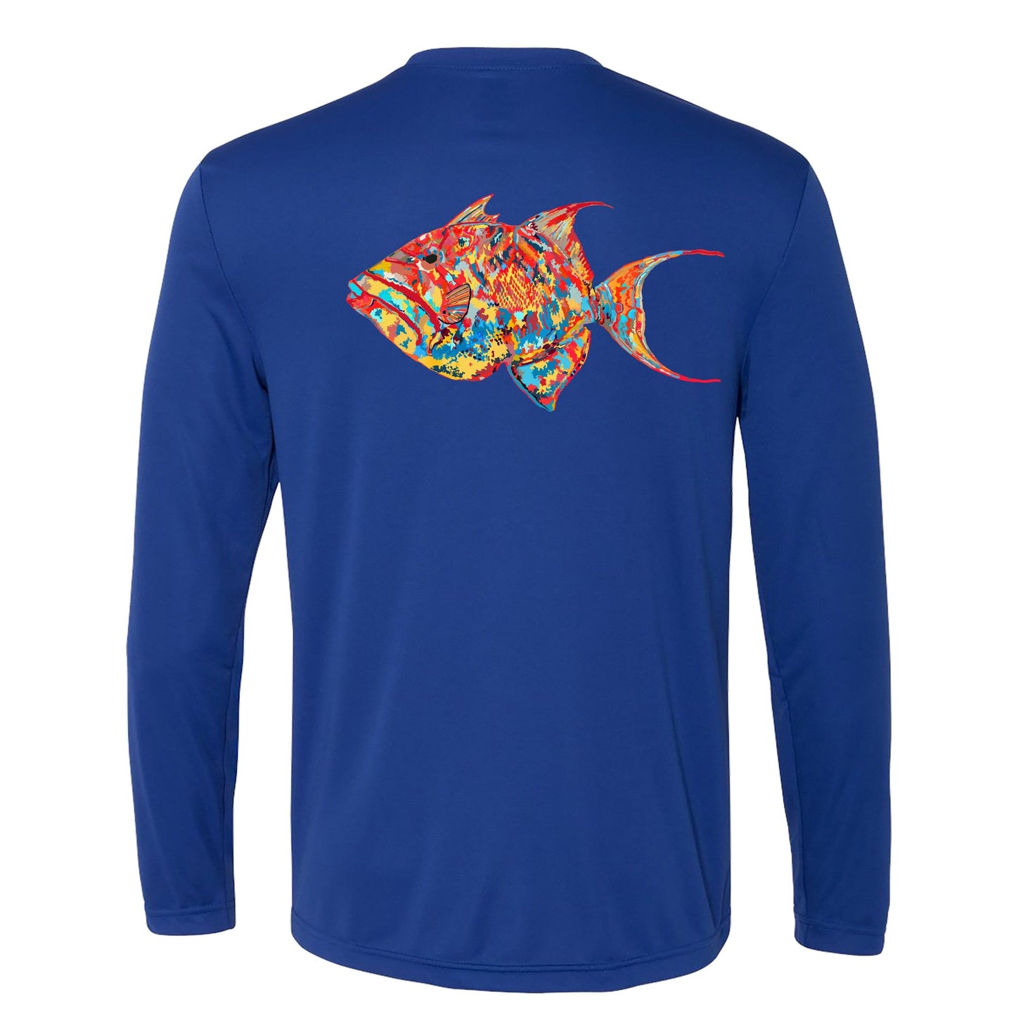 Unisex royal blue long sleeve performance shirt with 50+ UPF, colorful triggerfish design on back, Reel Fishy logo on front.