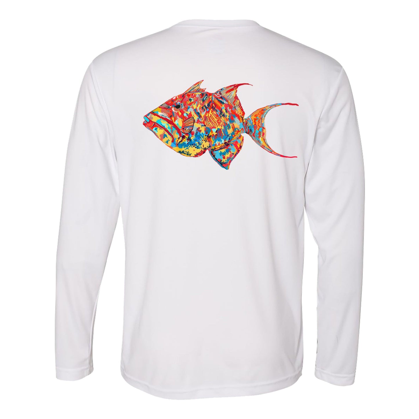 Unisex white long sleeve performance shirt with 50+ UPF, colorful triggerfish design on back, Reel Fishy logo on front.
