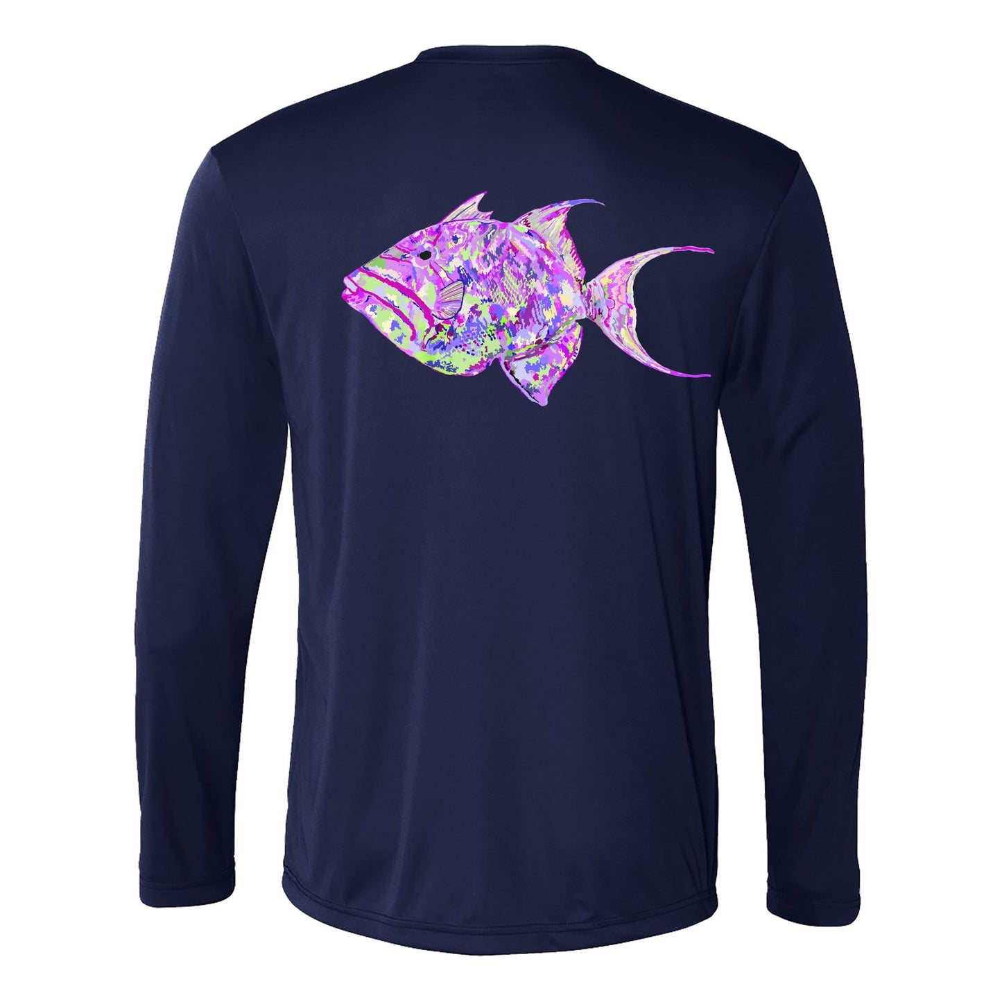 Unisex navy blue long sleeve performance shirt with 50+ UPF, colorful triggerfish design on back, Reel Fishy logo on front.