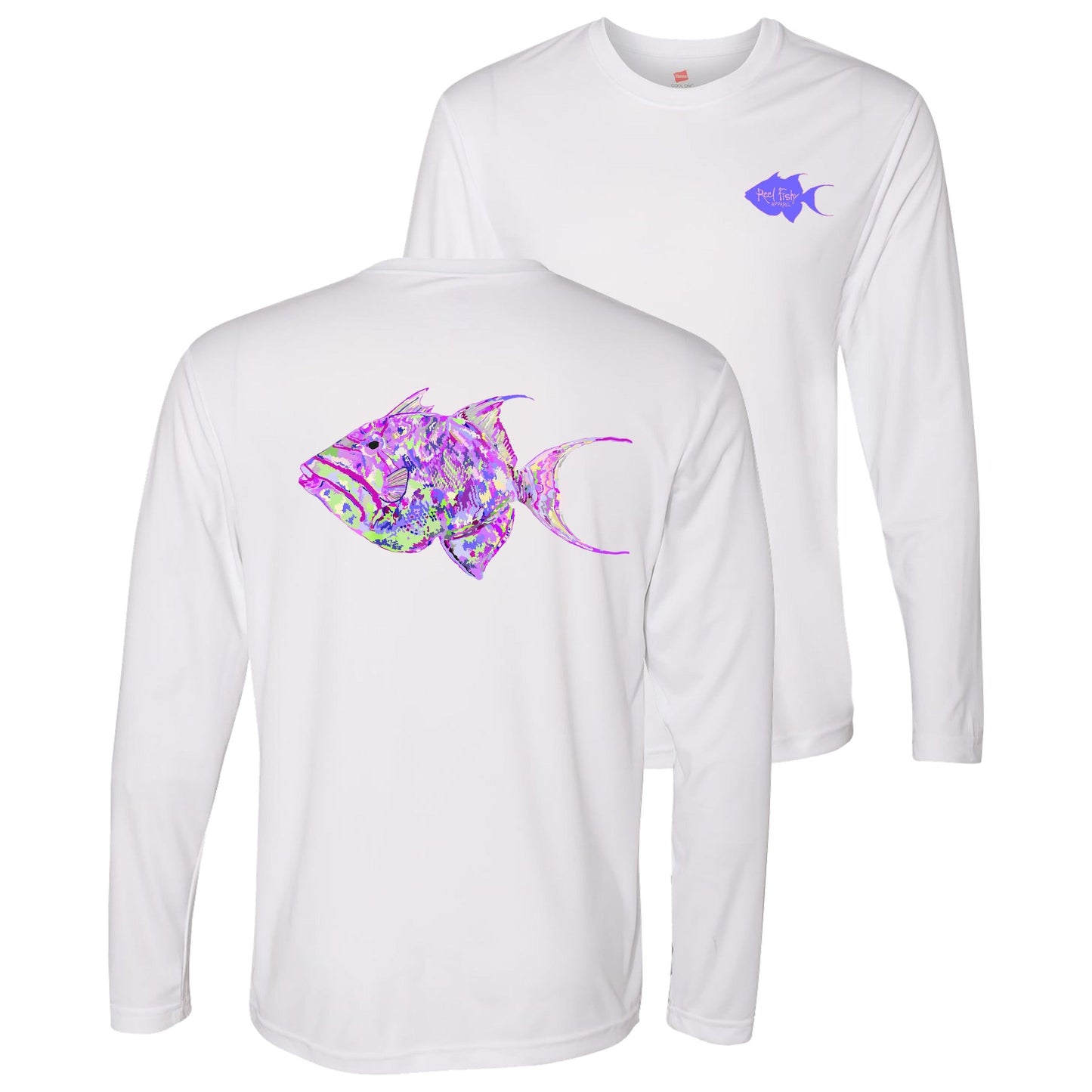 Unisex white long sleeve performance shirt with 50+ UPF, colorful triggerfish design on back, Reel Fishy logo on front.