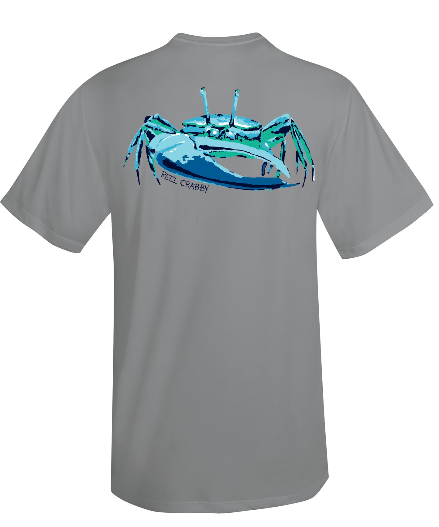 Unisex gray short sleeve performance shirt with 50+ UPF, colorful fiddler crab design on back, Reel Fishy crab logo on front.