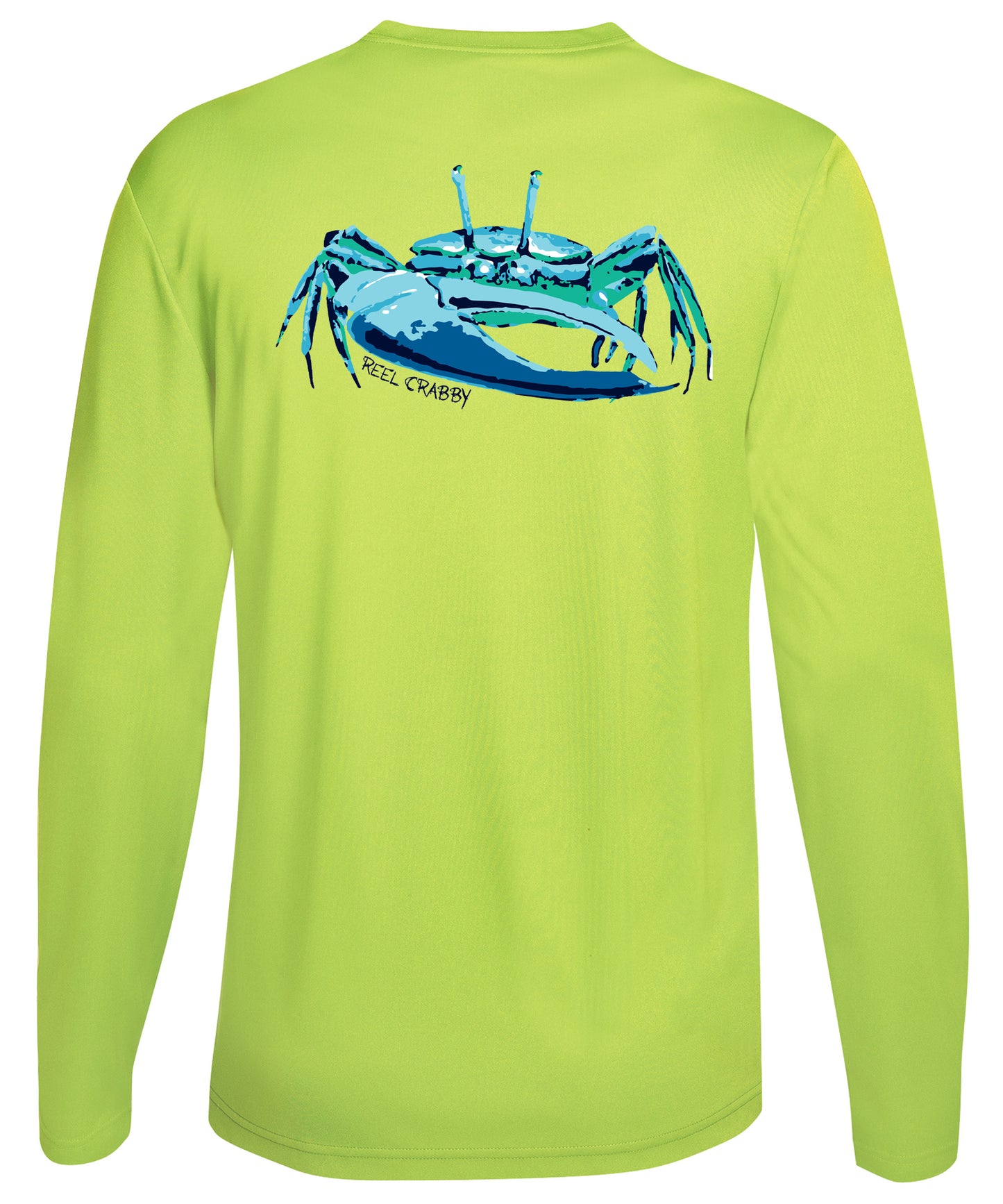 Unisex neon yellow long sleeve performance shirt with 50+ UPF, colorful fiddler crab design on back, Reel Fishy crab logo on front.